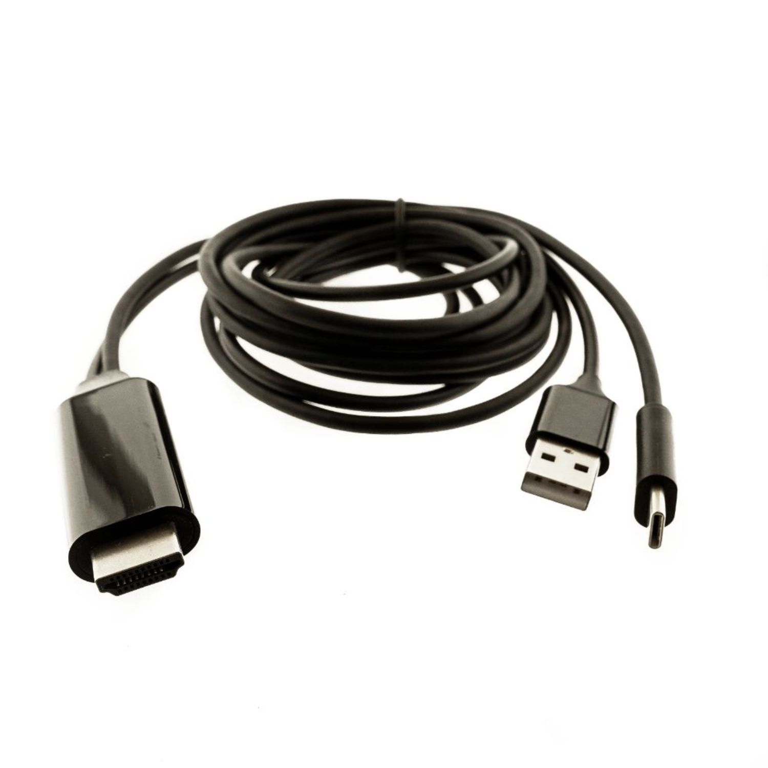Schwarzes HDMI-Kabel mit USB und anderen Anschlüssen auf weißer Oberfläche.