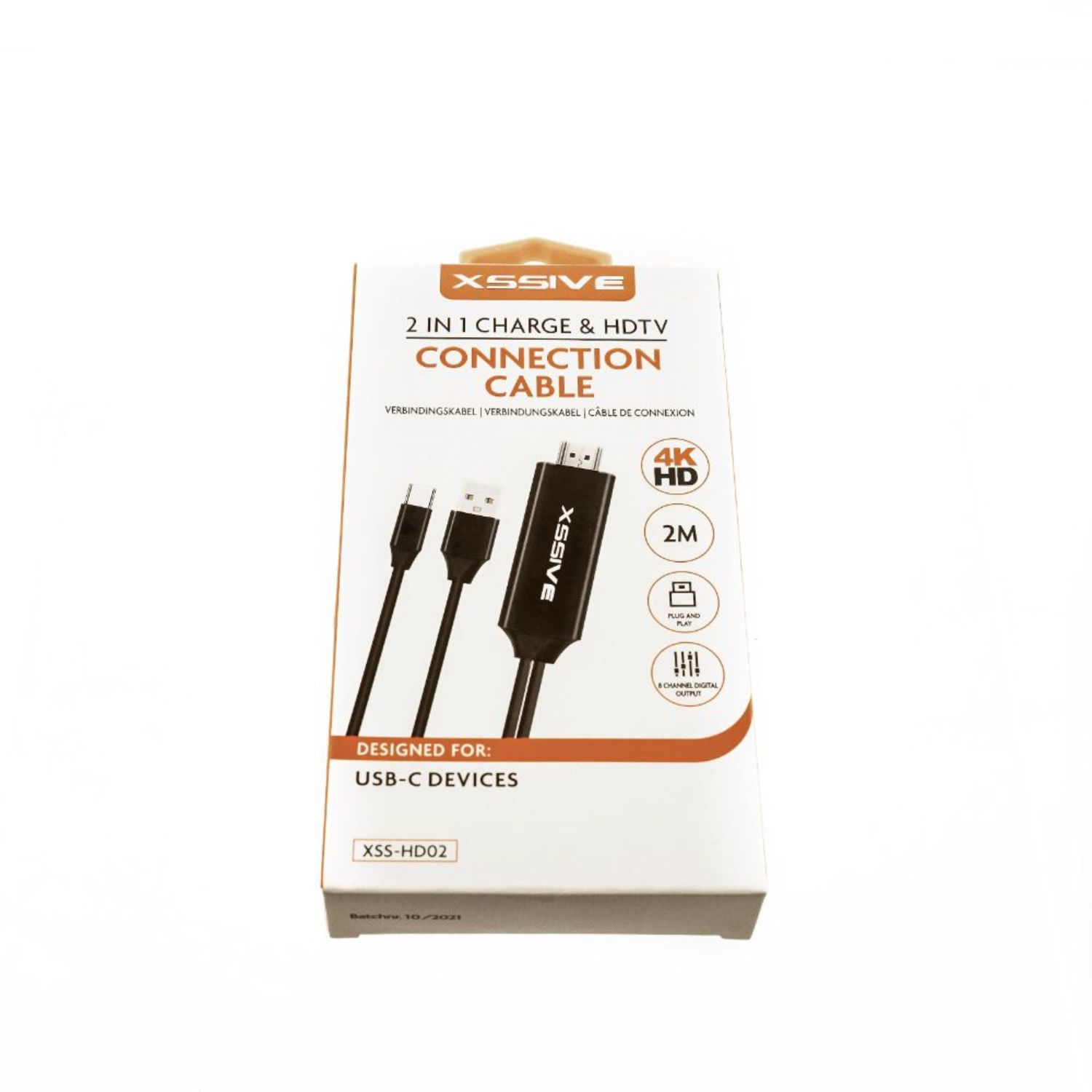 USB-C-zu-HDMI-Kabel in einer Box, weißer Hintergrund.