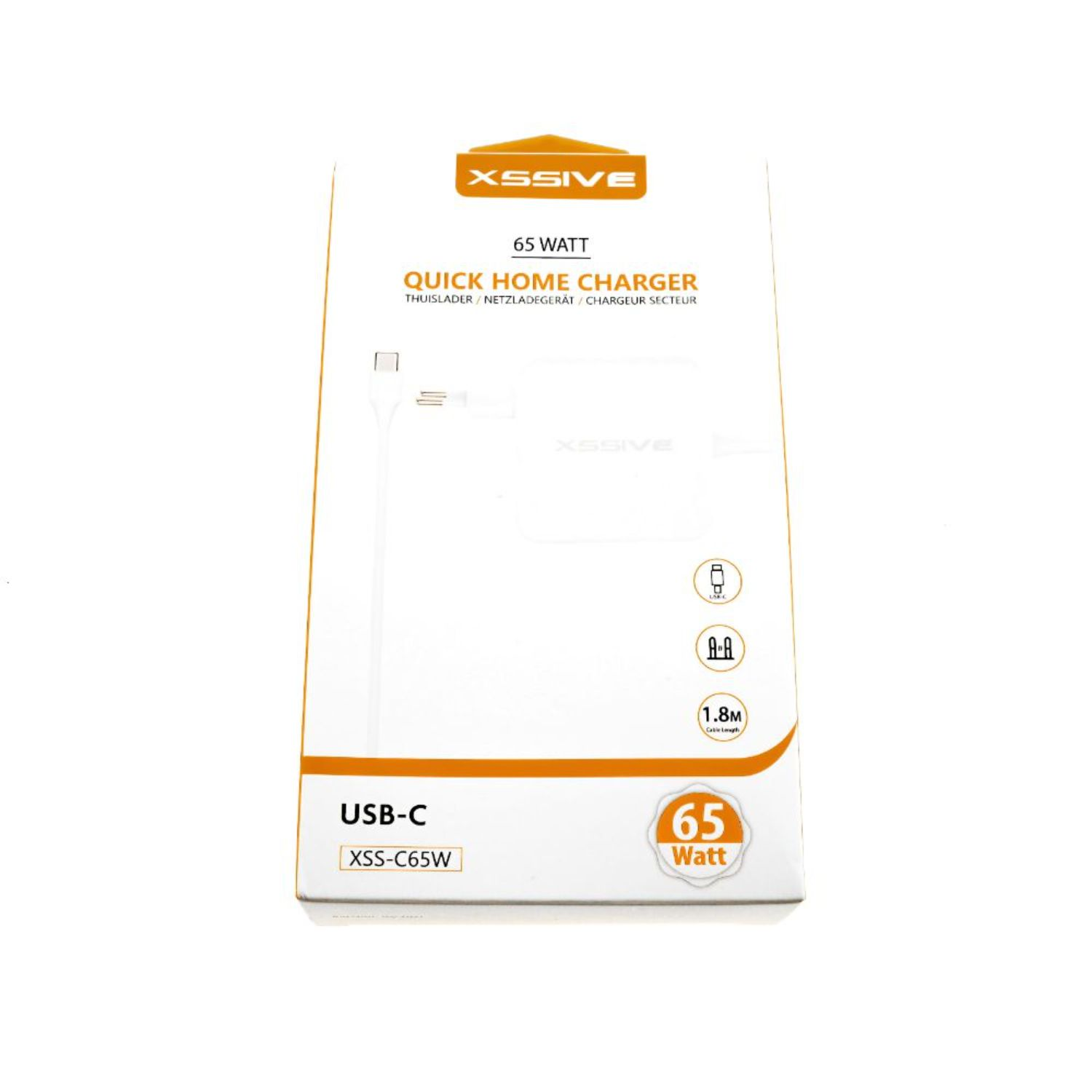 Weiße Box mit einem 65W Ladegerät. Es hat eine Kabelgrafik und ein Stromsymbol. Text: Quick Home Charger.