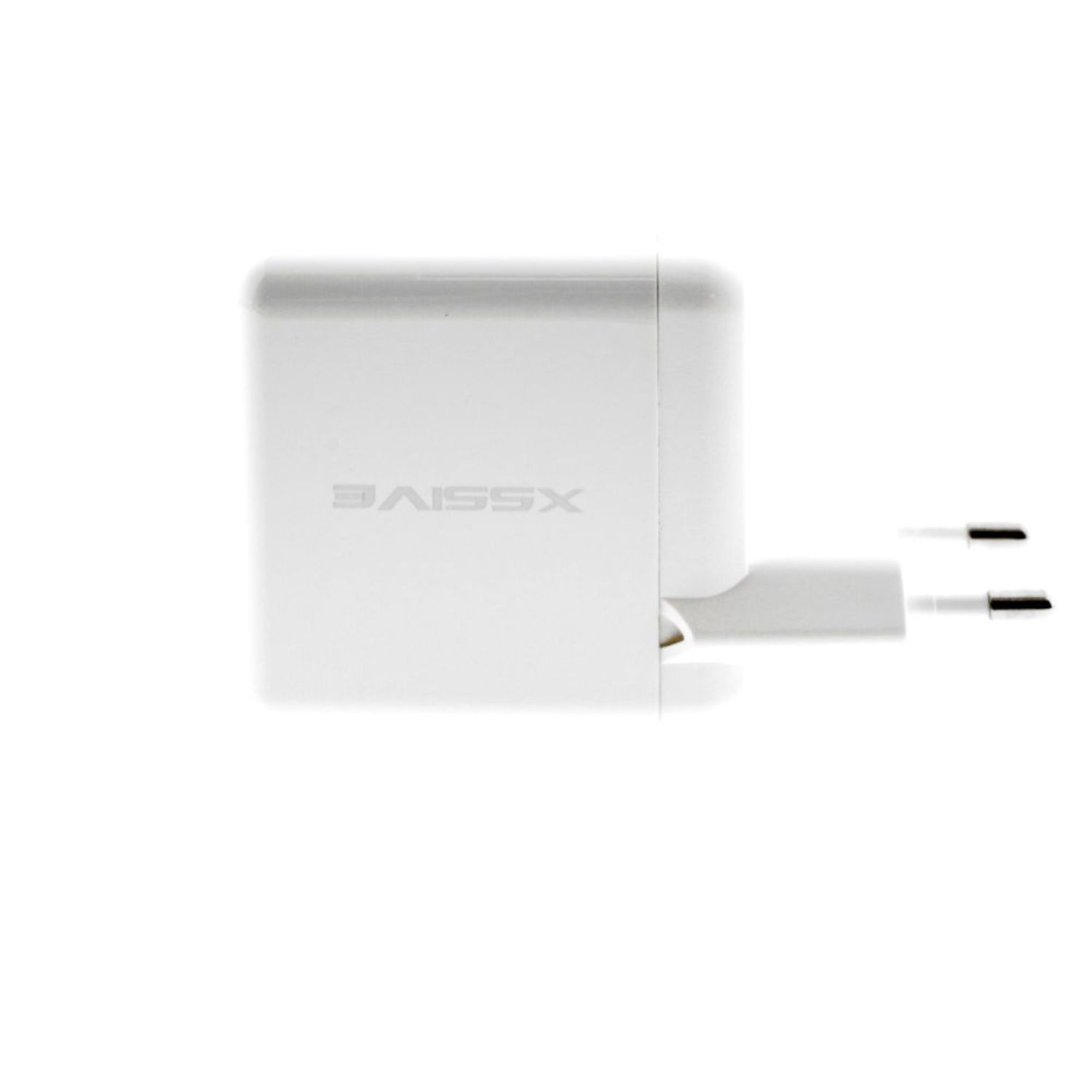 Ein weißes Netzteil mit einem zweipoligen Stecker. Der Markenname 'BAISSIVE' ist aufgedruckt.