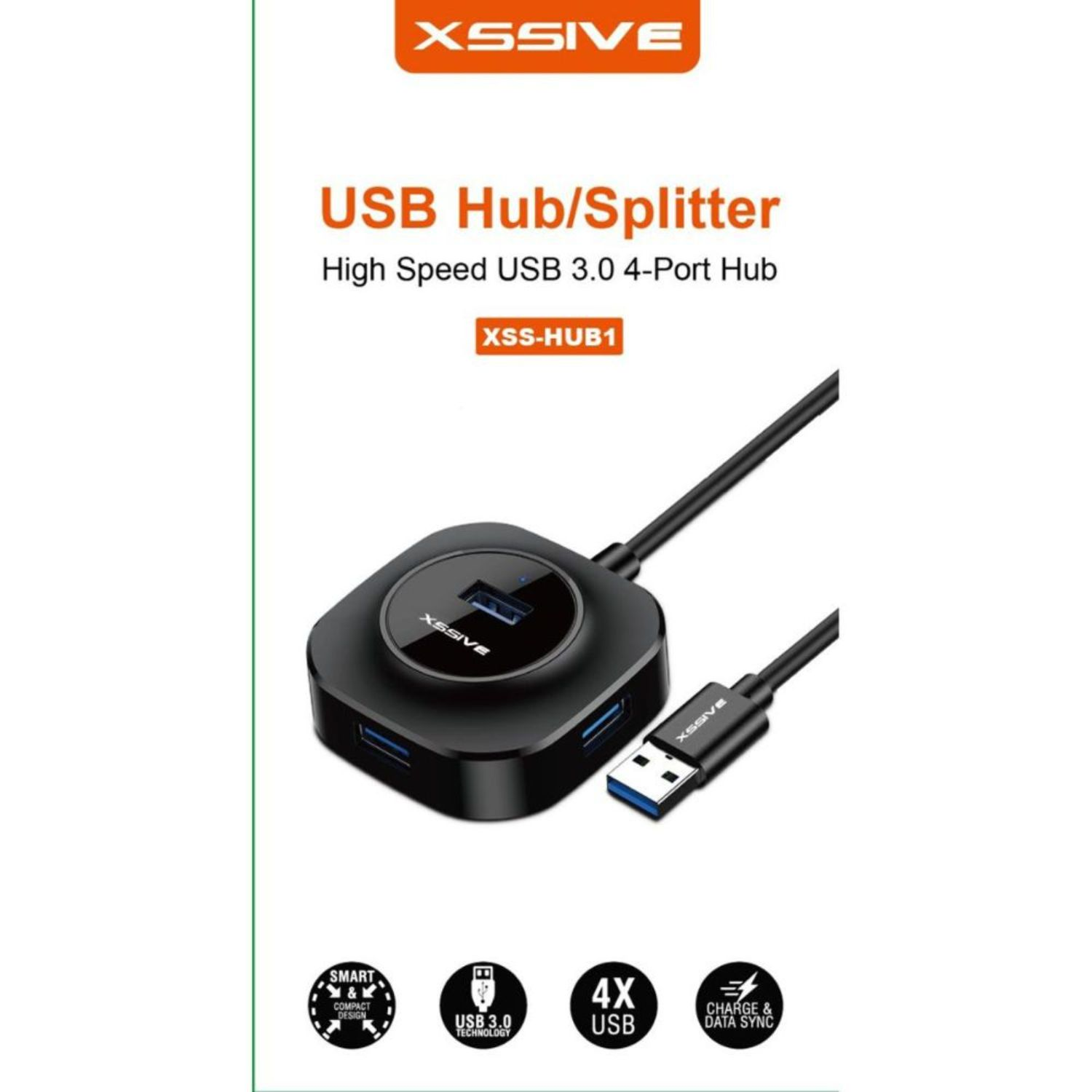 Ein schwarzer USB-Hub mit vier Anschlüssen und einem Anschlusskabel.