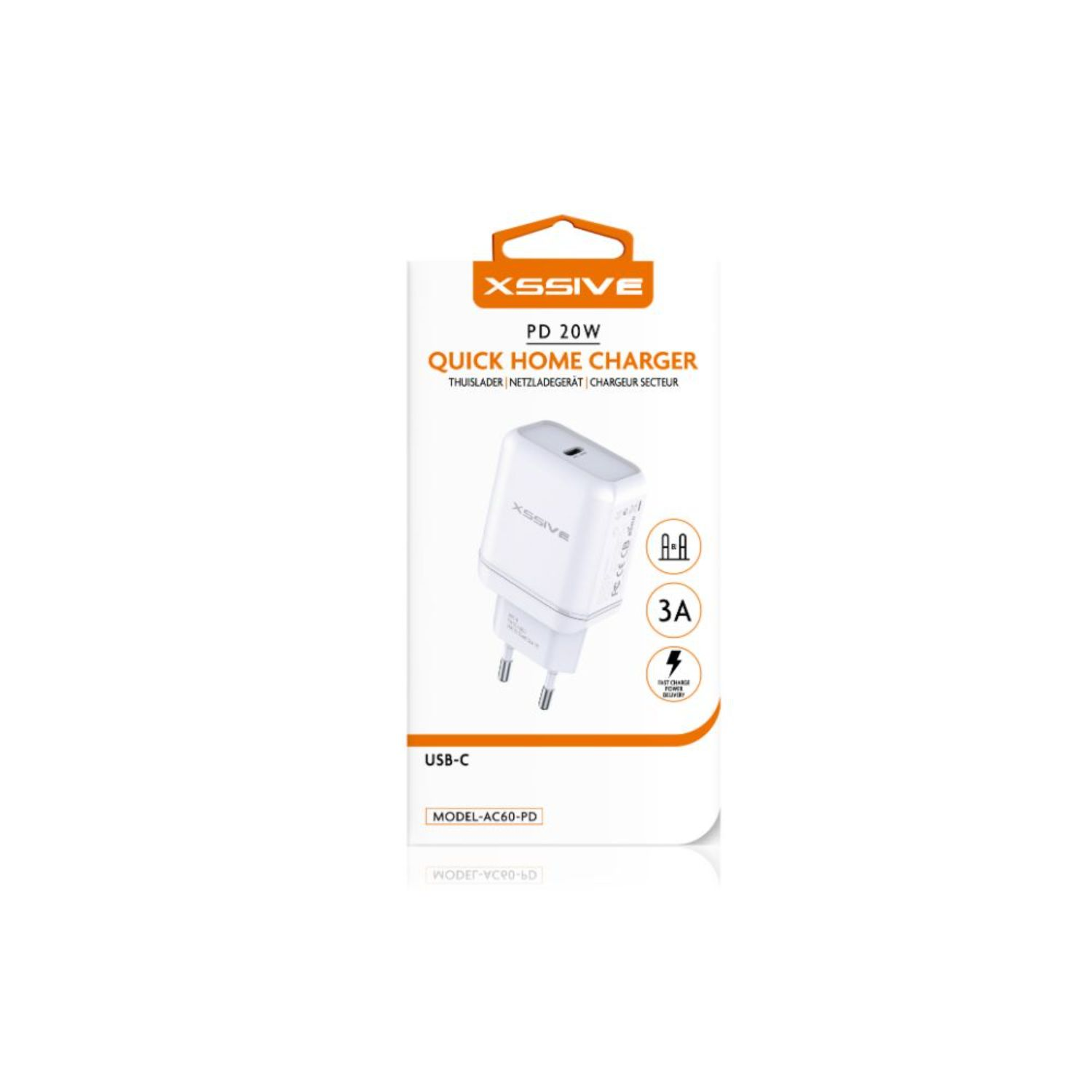 Weißes USB-C-Heimladegerät mit Stecker, in Verpackung. Die Verpackung enthält die Marke 'XSSIVE'.