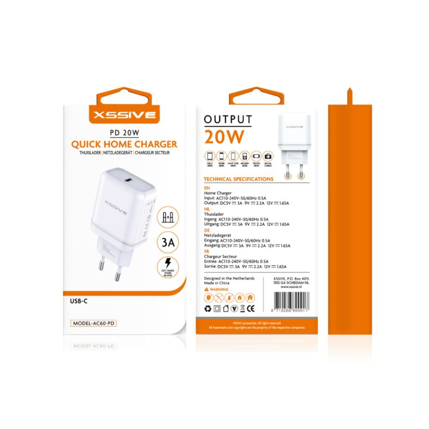 Eine weiße und orangefarbene Telefonladegerätbox mit technischen Daten und USB-C-Anschluss.