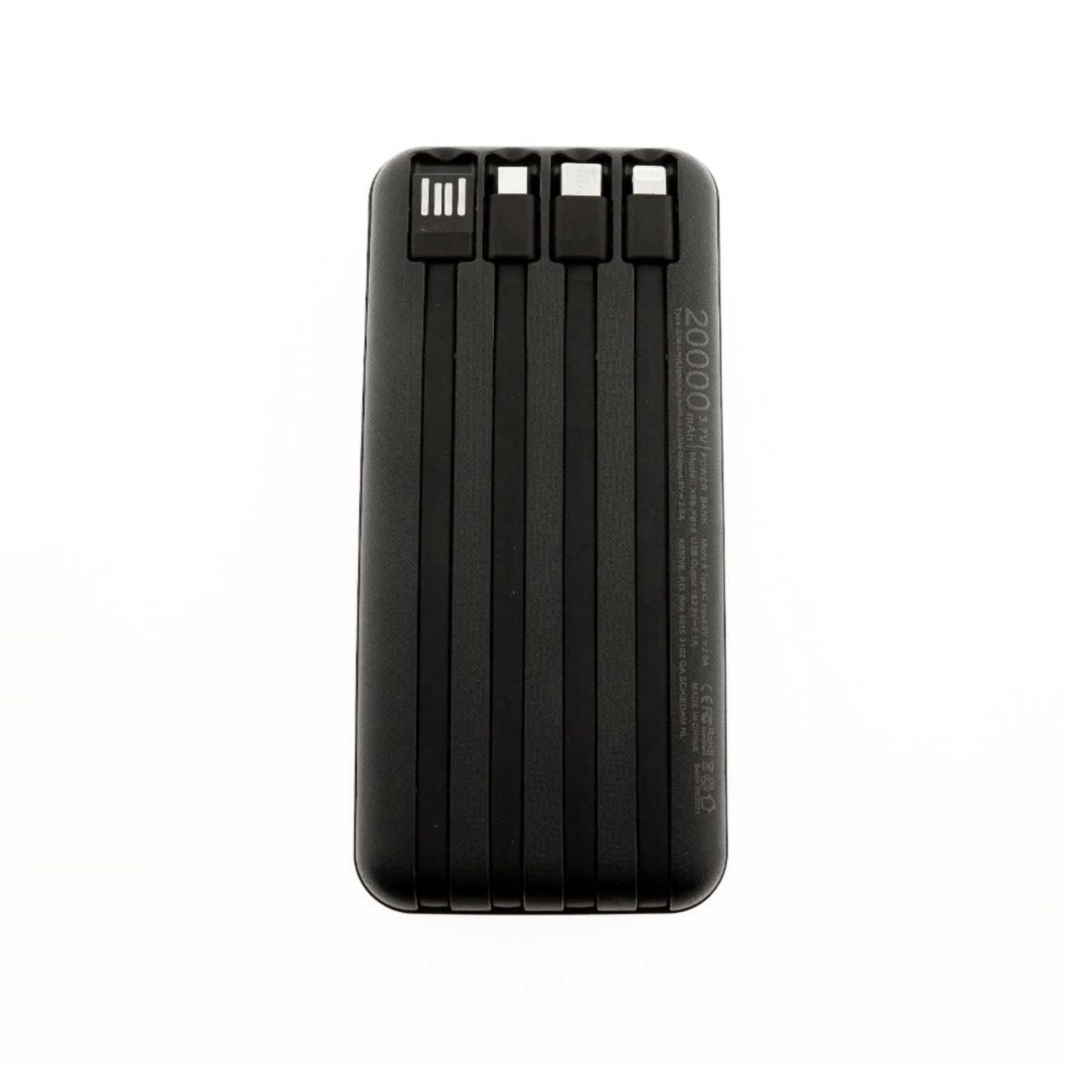 Eine schwarze tragbare Powerbank mit mehreren Ladekabeln und einer Leistungsanzeige.