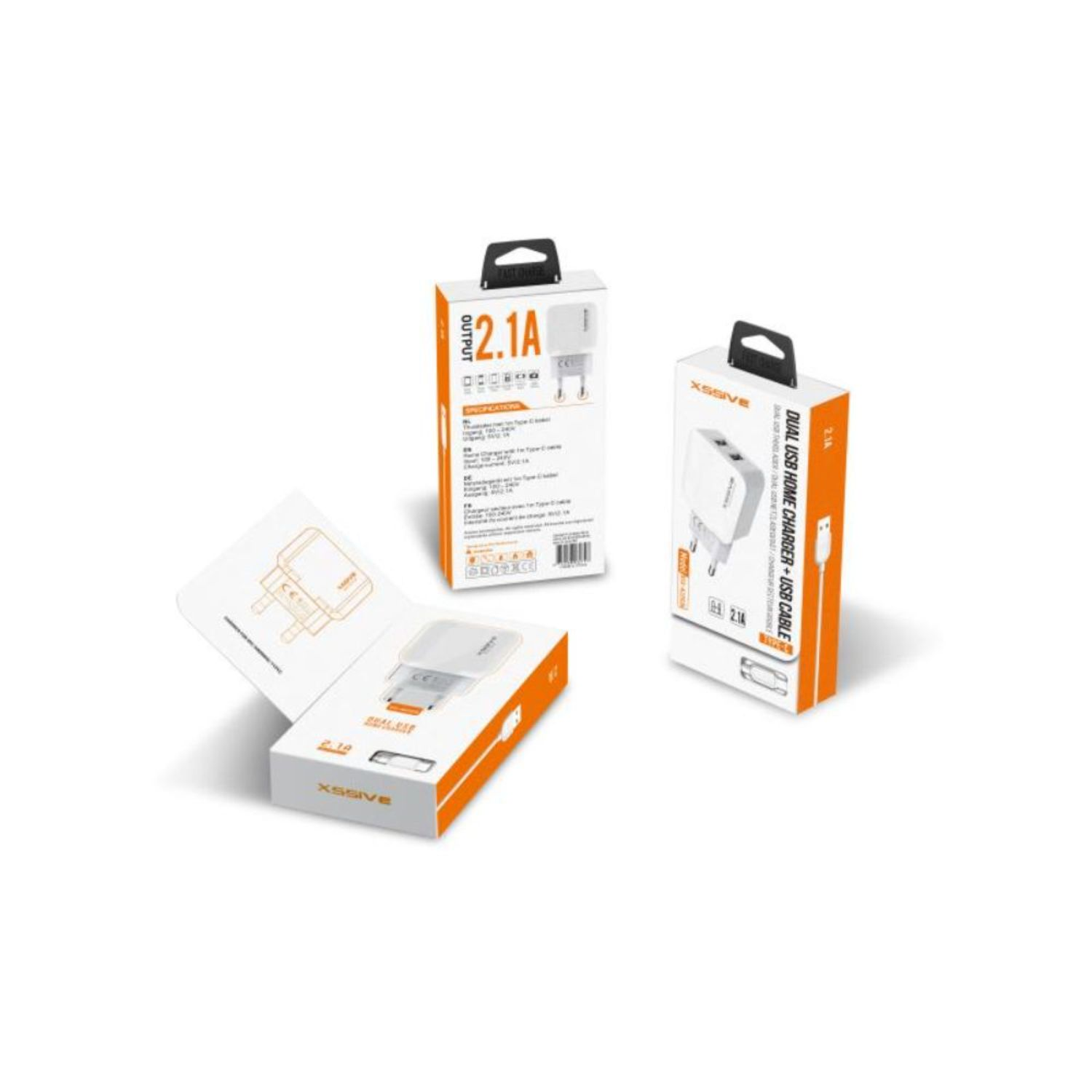 Weiße Ladegerätboxen. Die Boxen haben Ladegeräte und Kabel darin und den Text: Dual-USB-Heimladegerät.