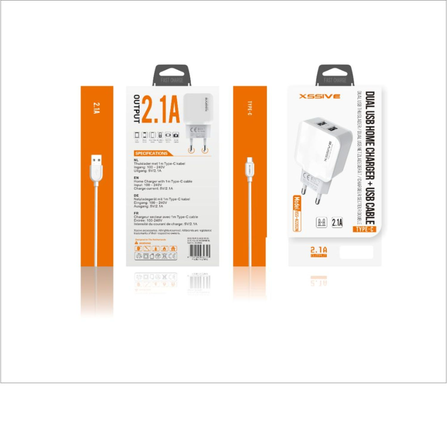 Weißes und schwarzes Ladegerät mit USB- und Typ-C-Anschlüssen. Die Verpackung enthält Spezifikationen und Sicherheitshinweise.