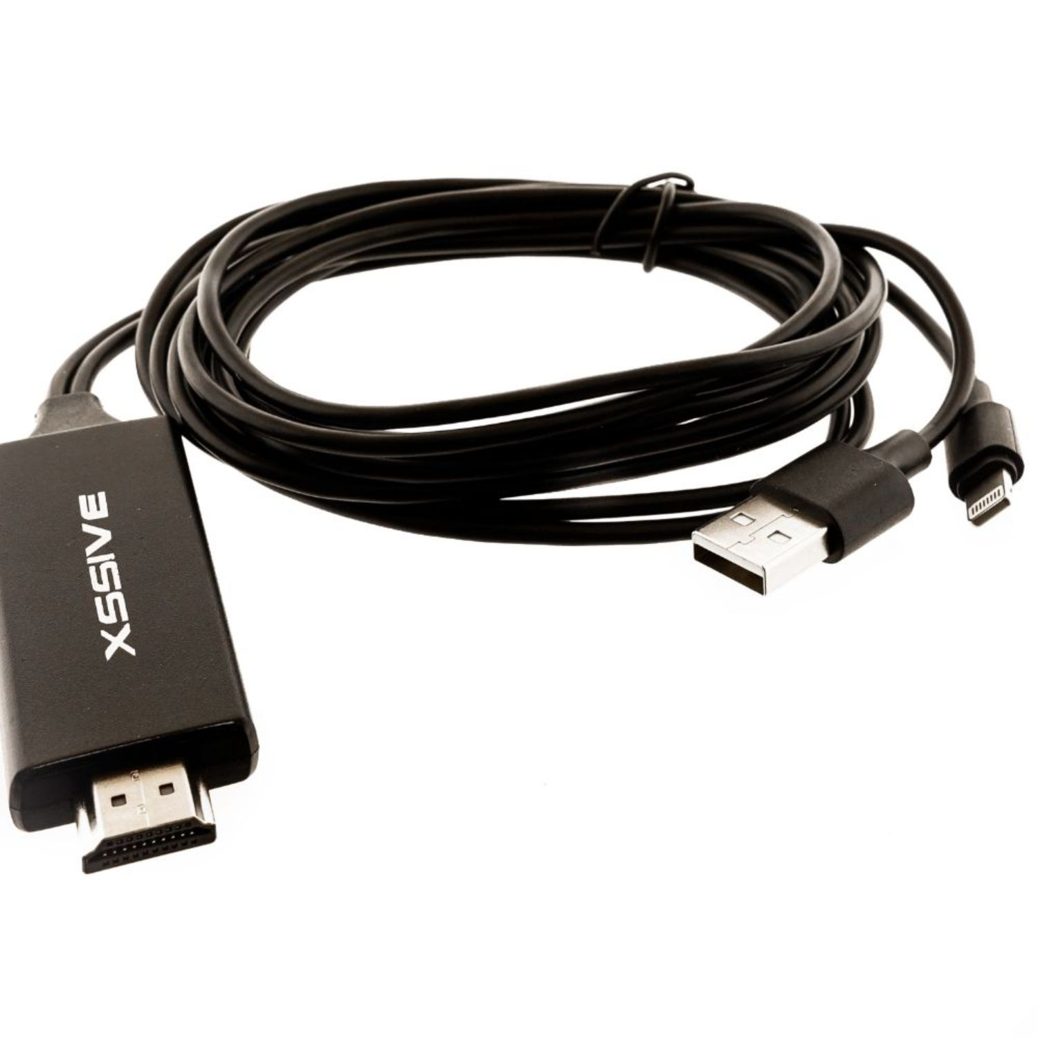 Schwarzes HDMI-zu-USB-Kabel. Es hat HDMI, USB und einen Lightning-Anschluss.