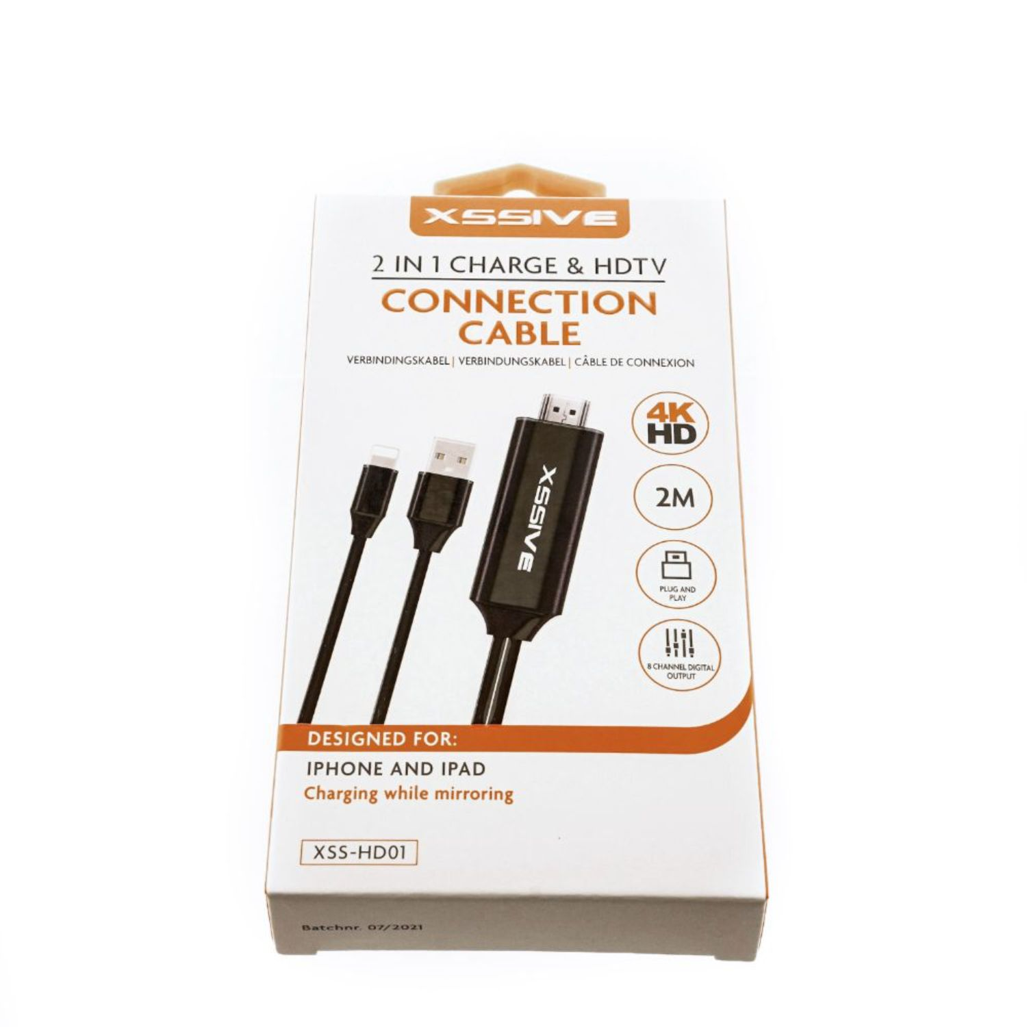 Weiße und schwarze 2-in-1 Lade- und HDTV-Kabelverpackung. Text, Kabel und Produktsymbole vorhanden.