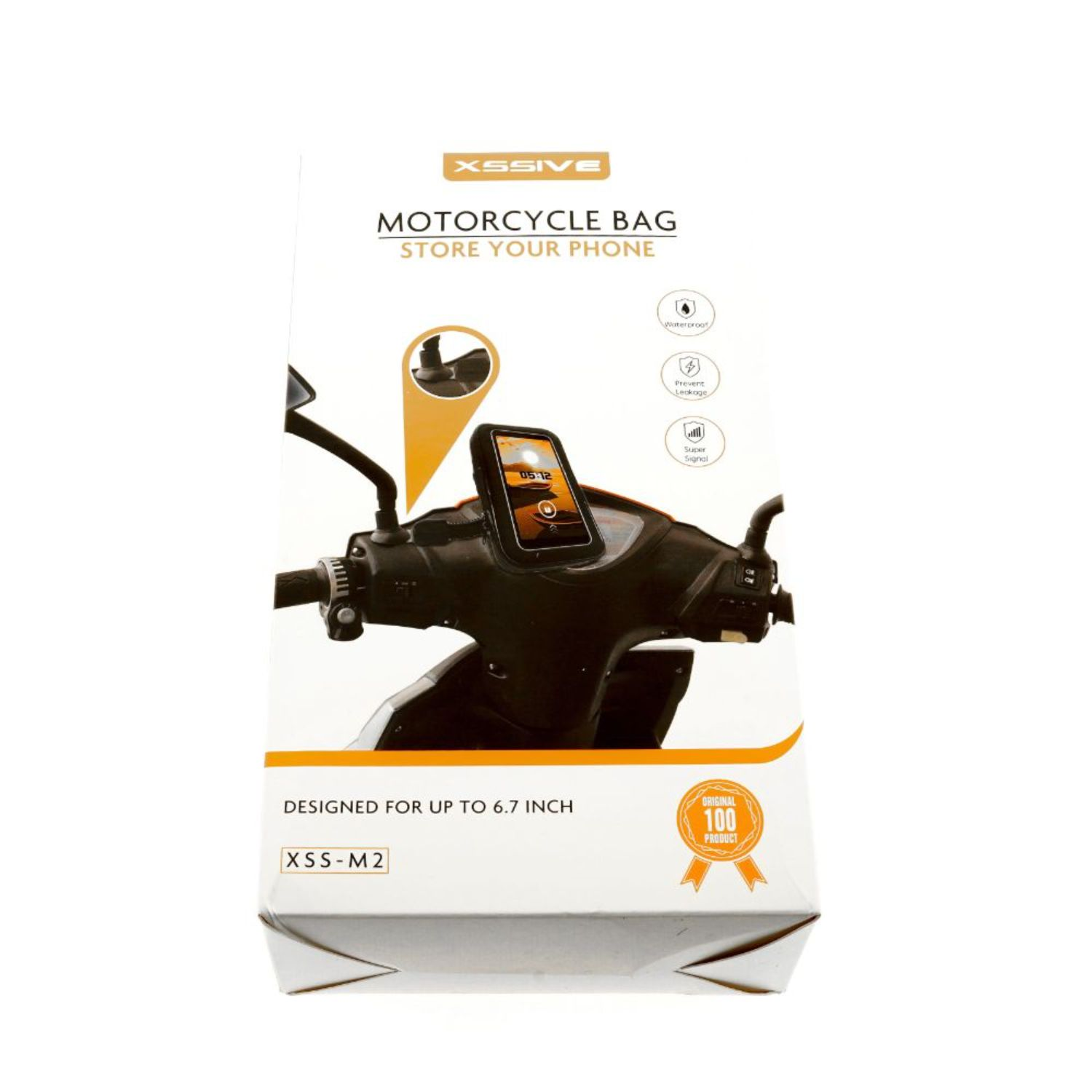Motorradtaschenbox mit Telefongrafik. Schwarzes Motorradbild. Für Telefone bis zu 6,7 Zoll.