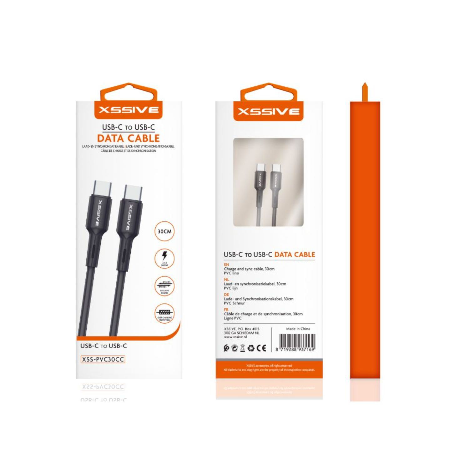 Schwarzes USB-C-Datenkabel in der Verpackung. Das Kabel ist schwarz mit silbernen Steckern. Die Verpackung ist weiß und schwarz.