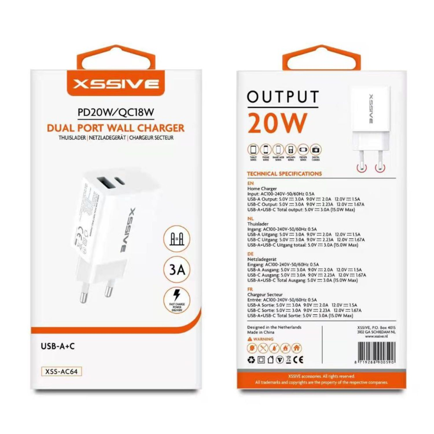 Ein Dual-Port-Wandladegerät in einer Box mit technischen Daten und dem Markennamen XSSIVE.