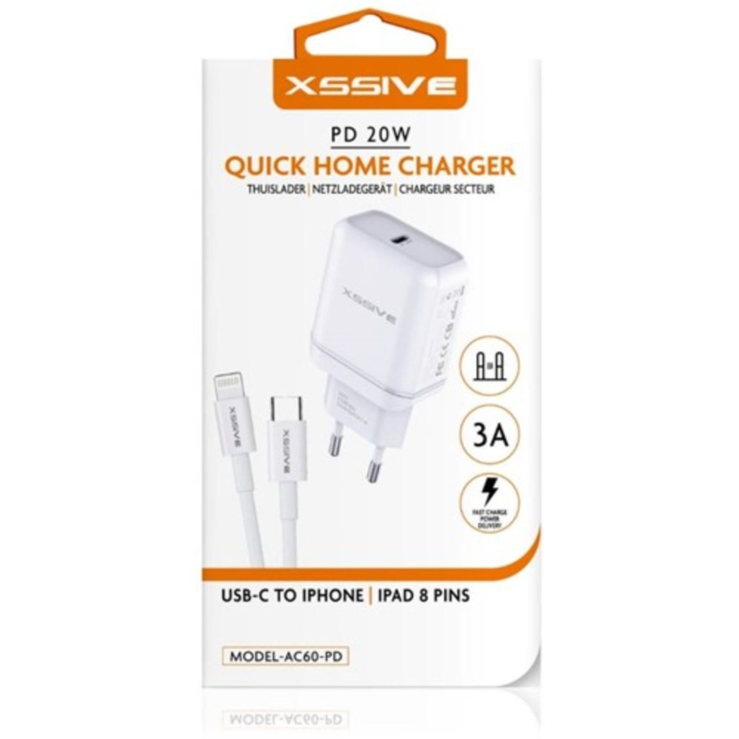 Verpacktes weißes Ladegerät mit Kabel. Text auf der Verpackung: Quick Home Charger, USB-C auf iPhone, 20W.