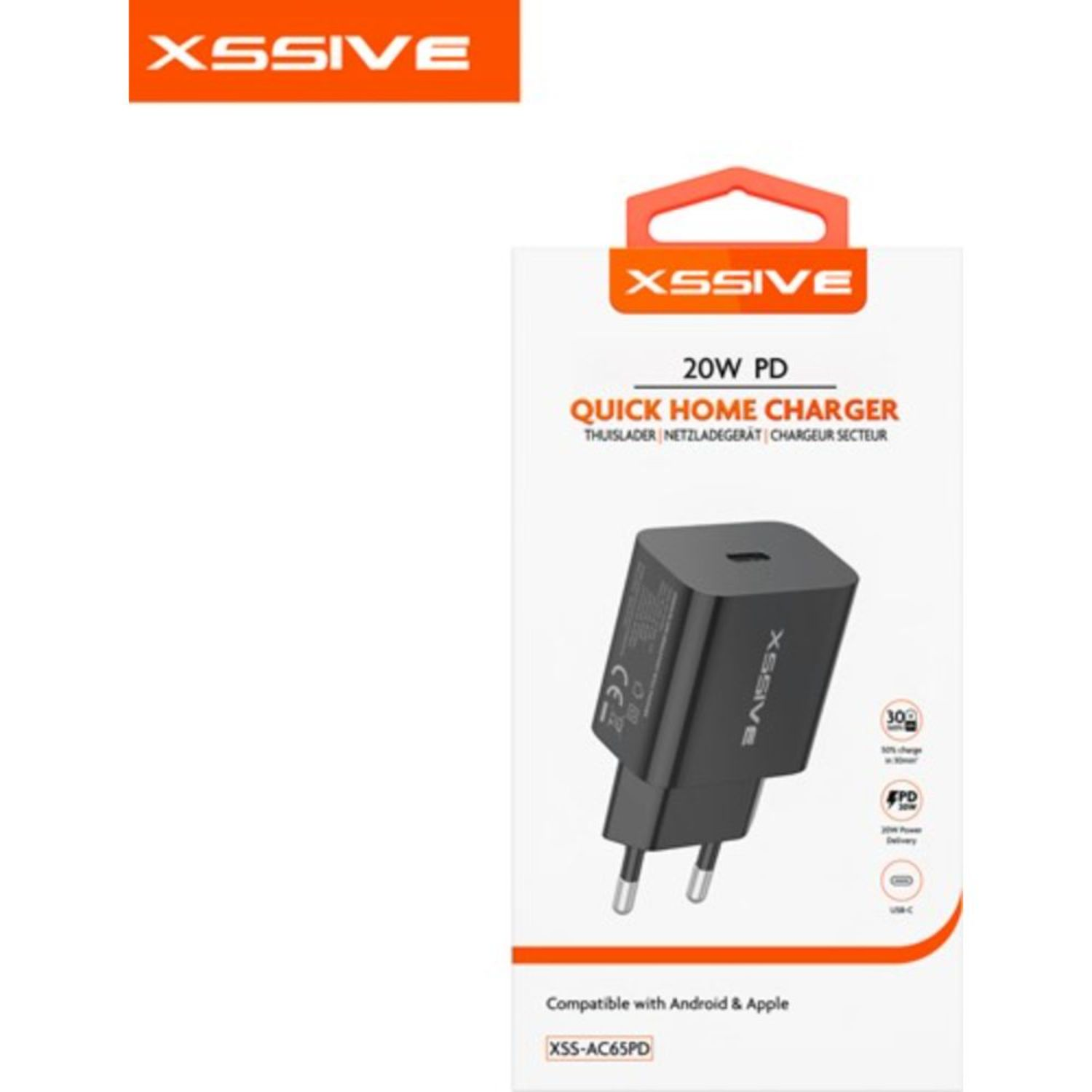 Schwarzes Ladegerät und Box. Die Box zeigt das Ladegerät mit dem Text '20W PD Quick Home Charger'.