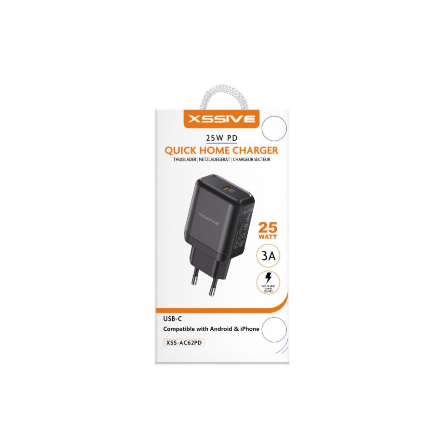 Ein schwarzes 25-W-Ladegerät in seiner Box, mit einem USB-C-Anschluss.