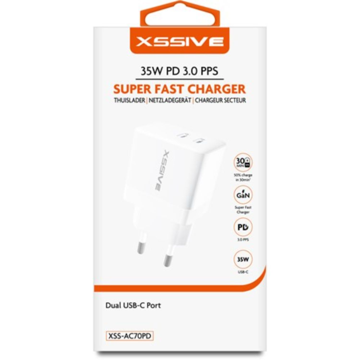 Weißes Ladegerät mit einer Box mit der Aufschrift 'XSSIVE 35W PD 3.0 PPS'.