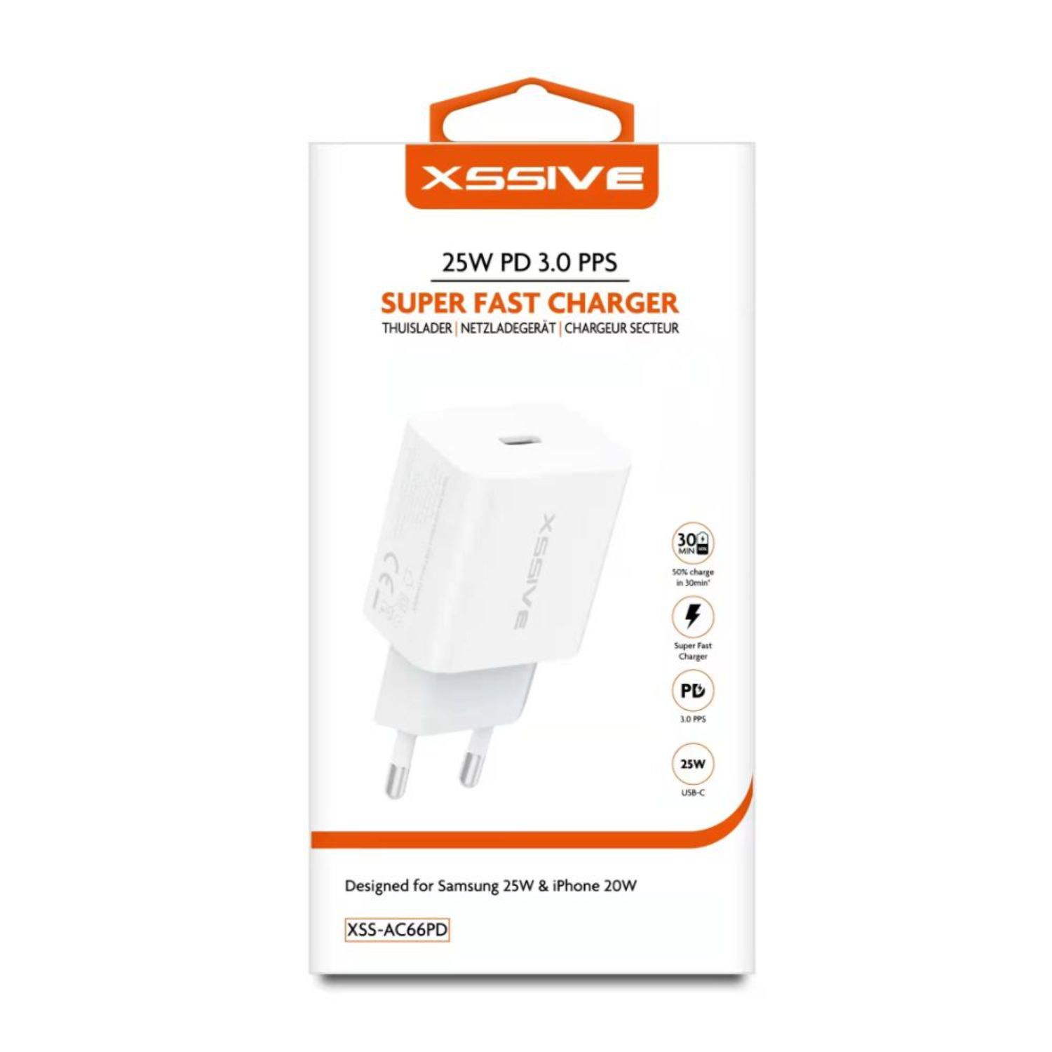 Eine weiße Ladegerätbox mit Text und einem Stecker. Es steht 'SUPER FAST CHARGER'.