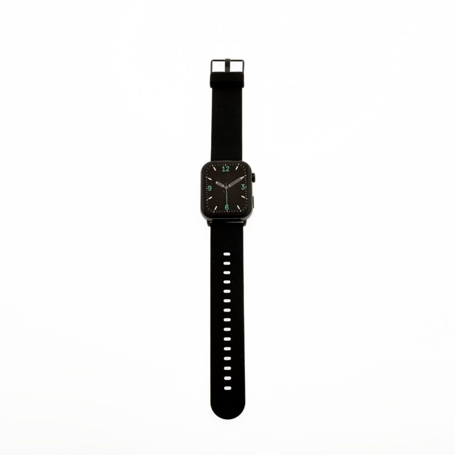 Eine schwarze Smartwatch mit quadratischem Zifferblatt und schwarzem Armband, die auf einer weißen Oberfläche liegt.