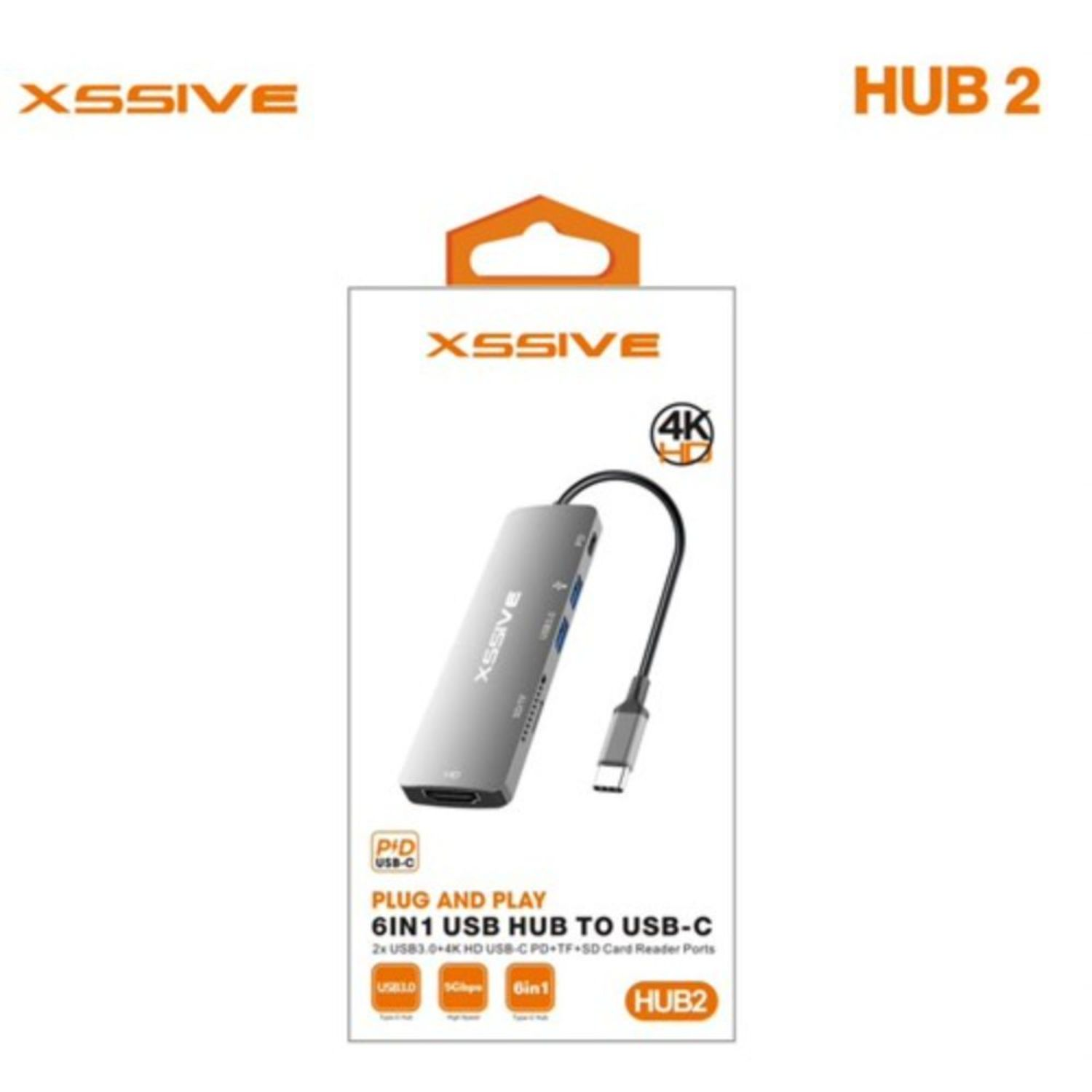 Weiße Box mit Hub 2 und XSSIVE-Logo. Ein Hub ist mit einem Telefon verbunden.