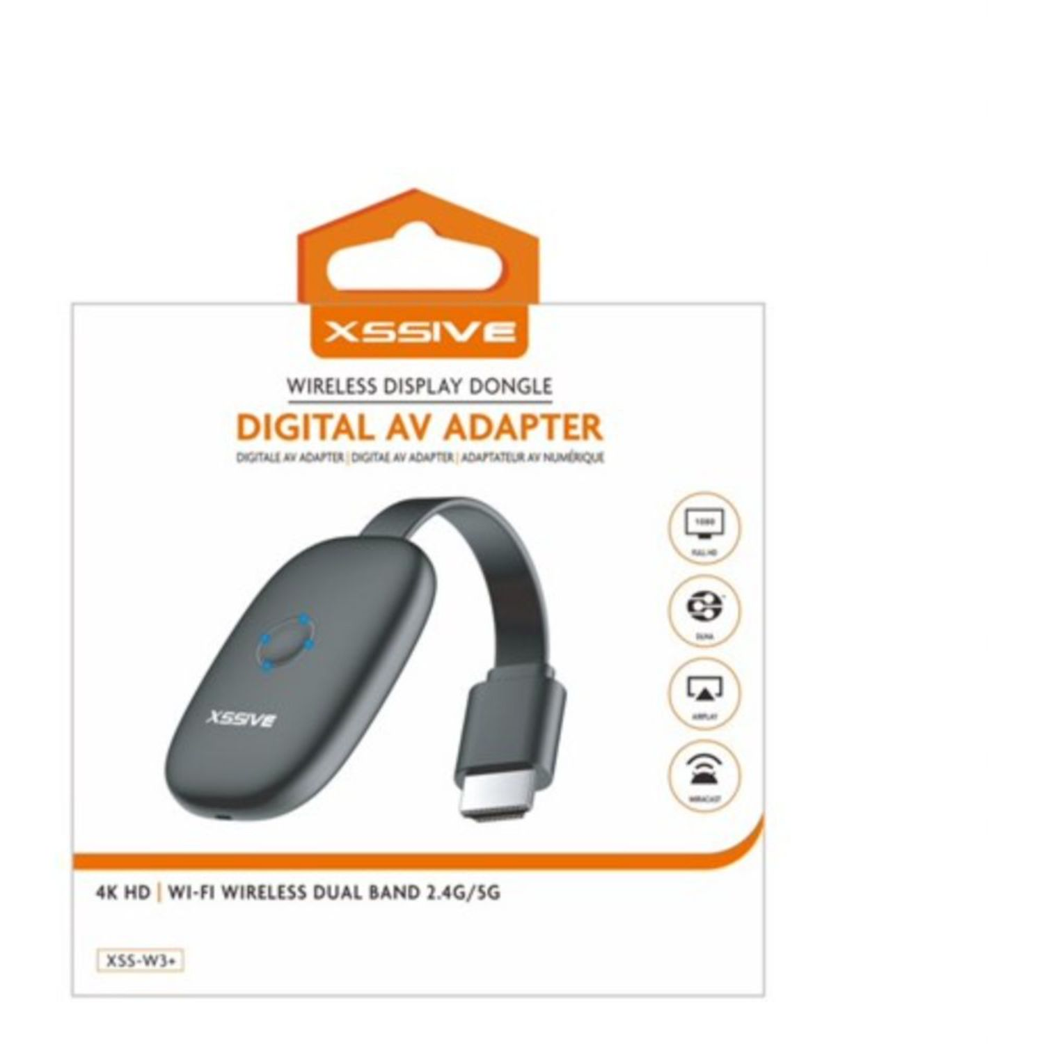 Box mit einem Wireless-Display-Dongle mit der Aufschrift „DIGITAL AV ADAPTER“. Enthält einen Dongle und ein USB-Kabel.