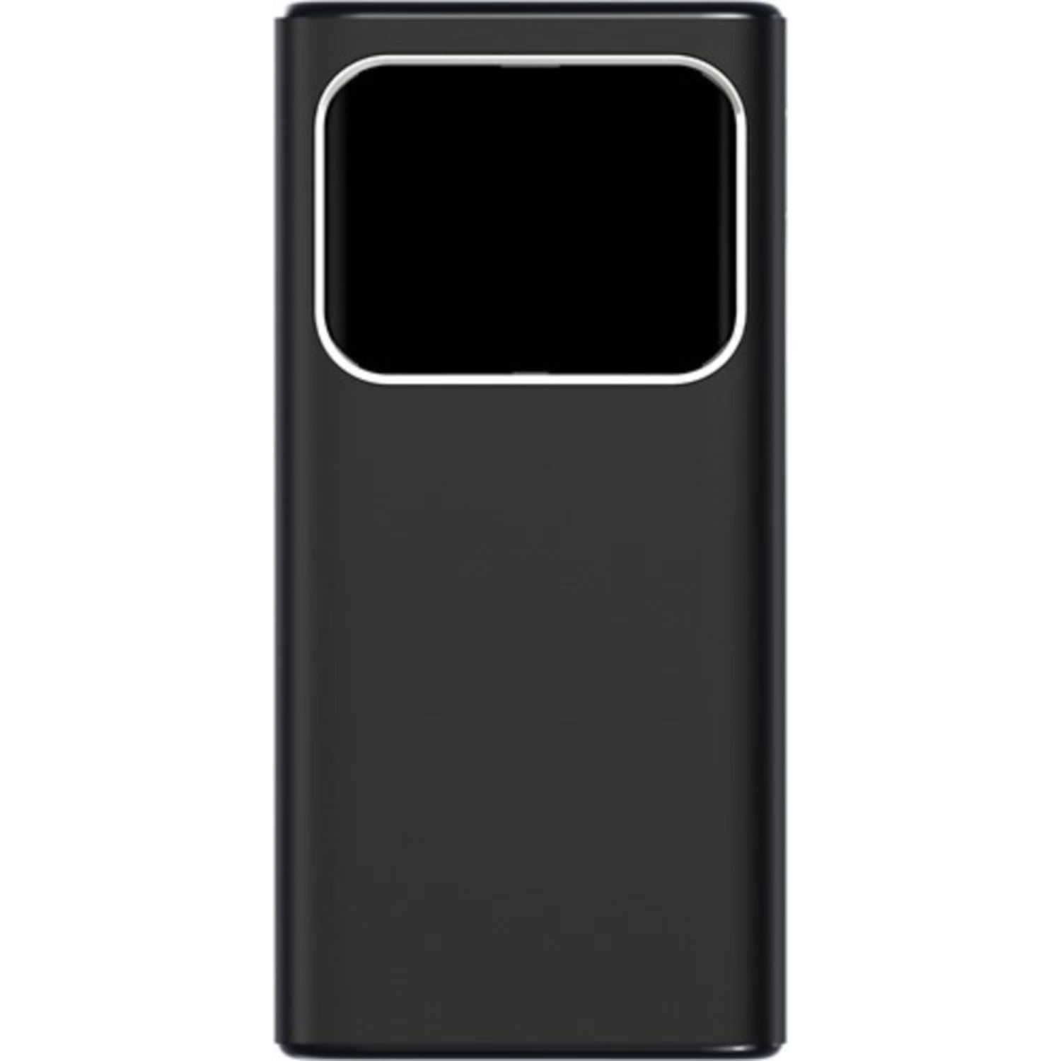 Schwarzes, rechteckiges USB-Ladegerät mit schwarzem Bildschirm und weißem Rahmen.