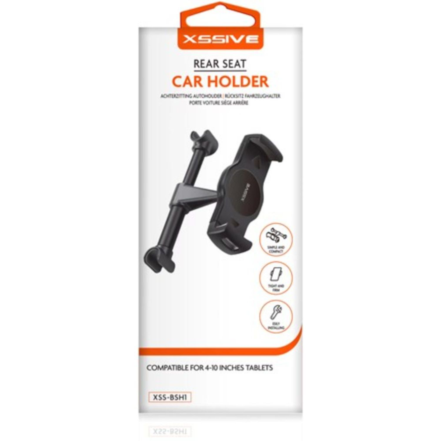 Schwarzer und grauer Autotelefonhalter. Auf der Verpackung steht 'Rücksitz-Autohalter' und 'einfach und kompakt'.