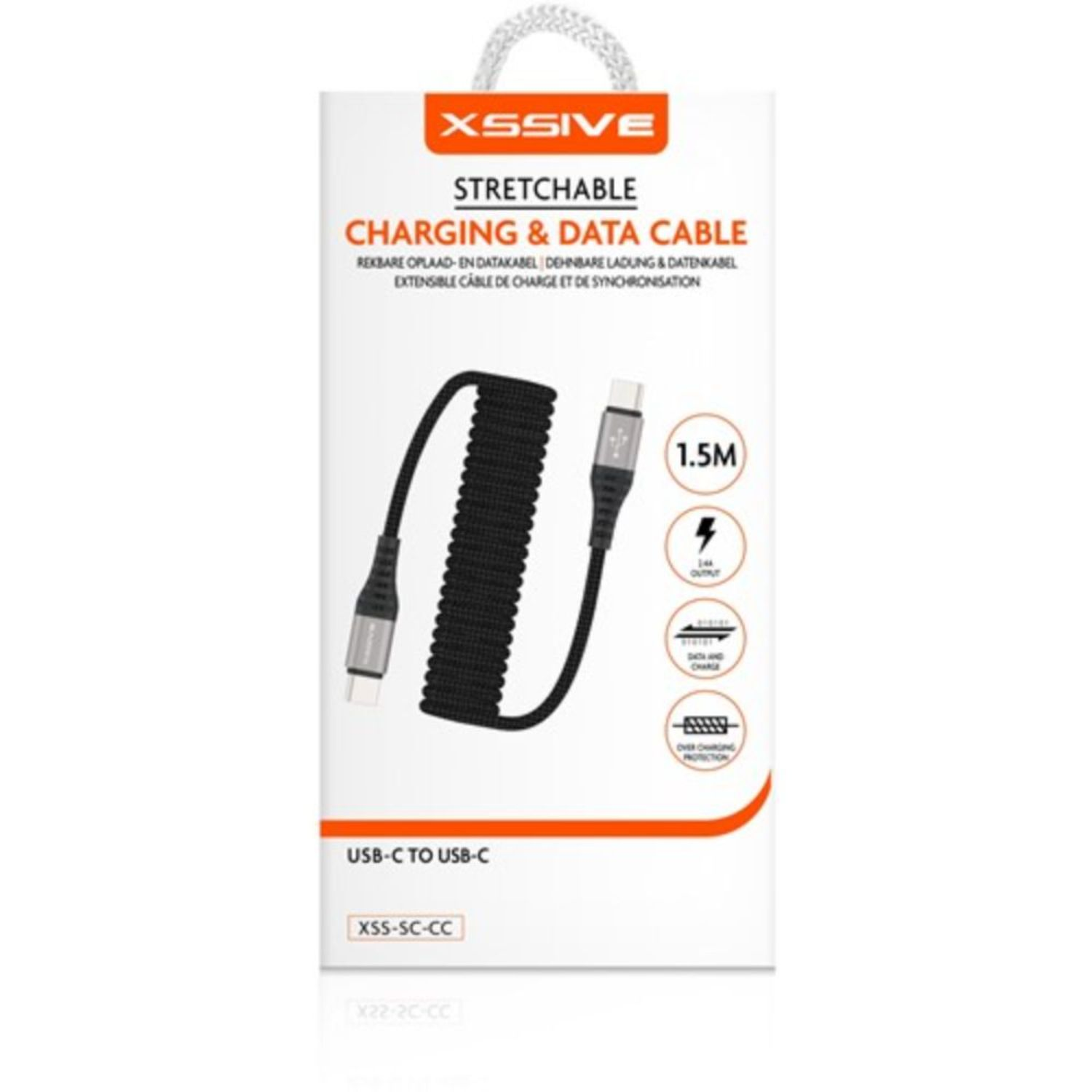 Weiße Verpackung eines dehnbaren USB-C Lade- und Datenkabels.