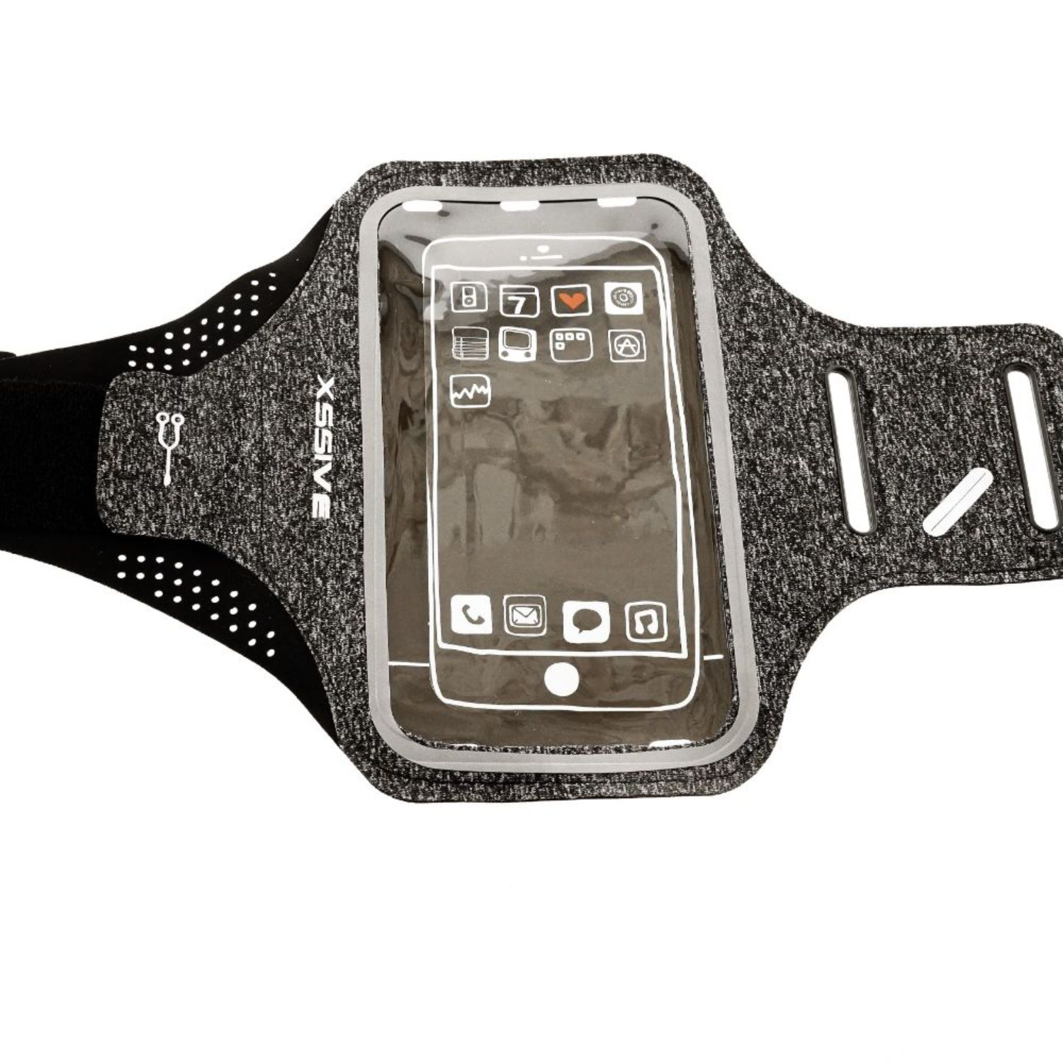 Armband für ein Telefon mit dem Wort XSSIVE. Der Telefonbildschirm ist sichtbar und hat App-Symbole.
