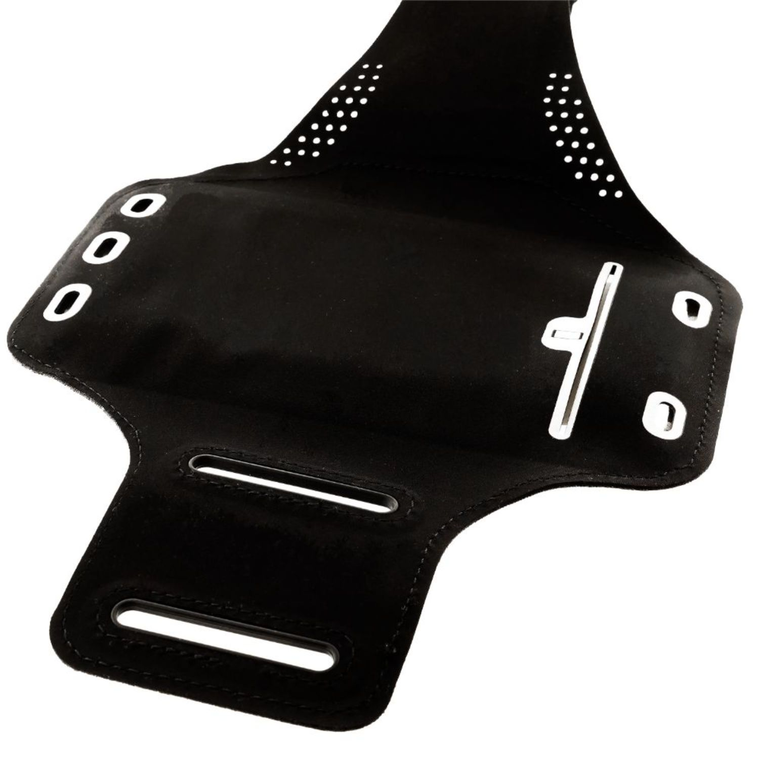 Ein schwarzes Armband mit Löchern. Es hat einen Schlitz für ein Telefon und Verbindungspunkte.