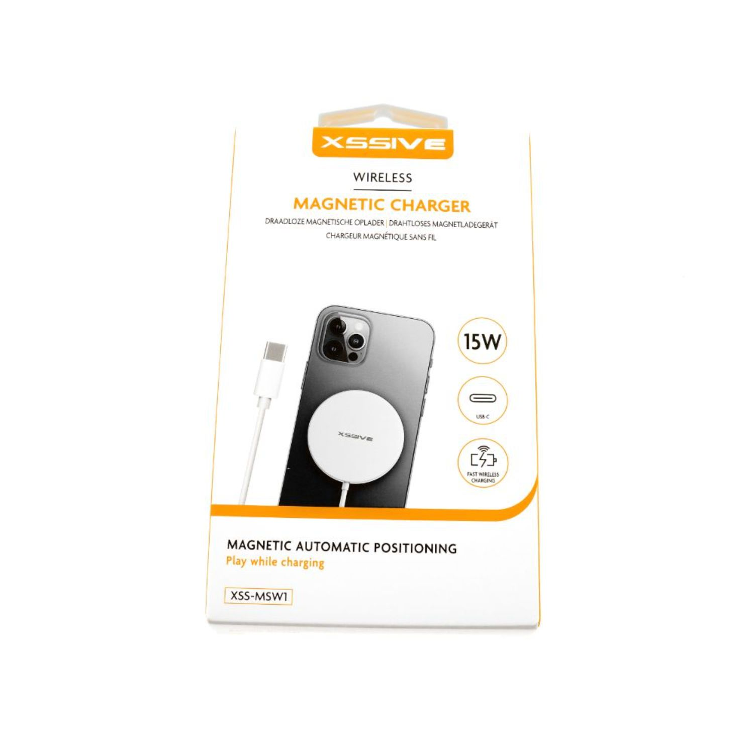 Weißes kabelloses magnetisches Ladegerät mit Telefon und Kabel daneben.