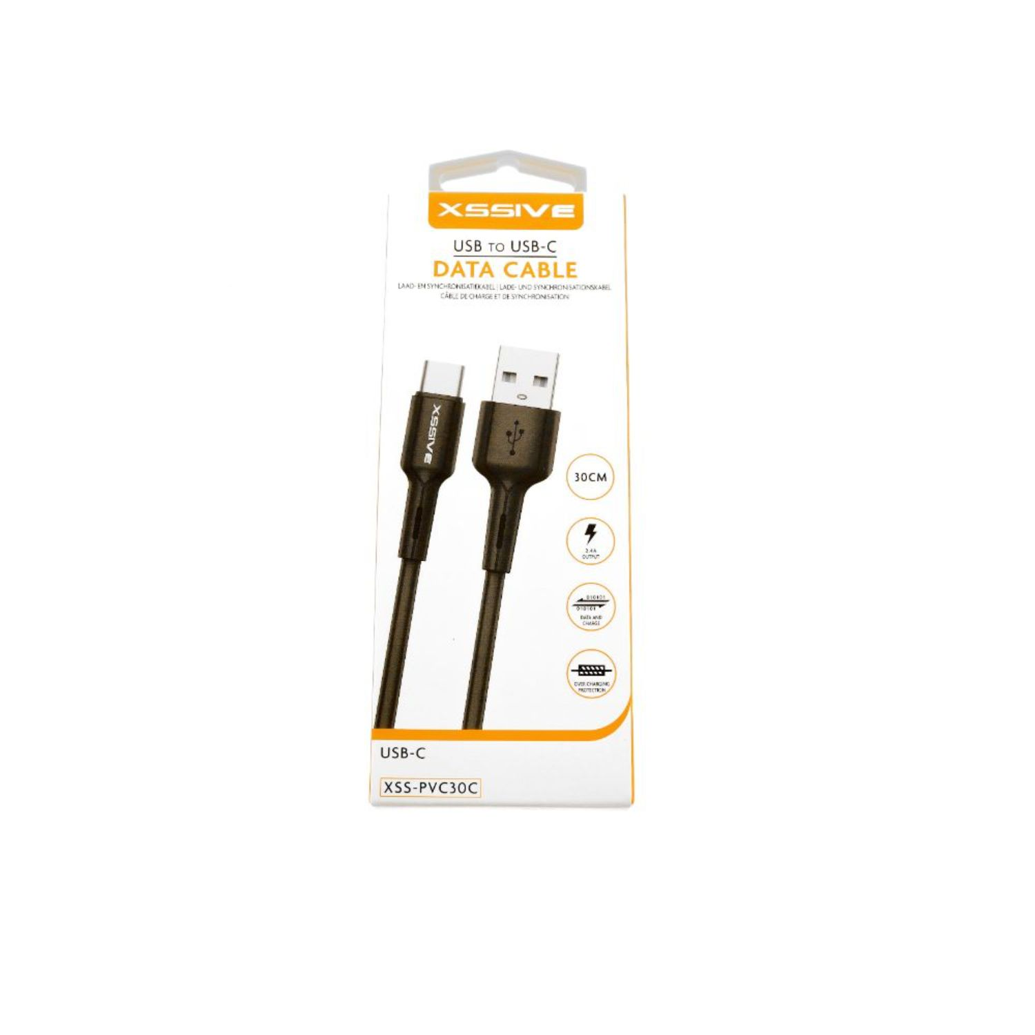Schwarzes USB-zu-USB-C-Datenkabel in einer weißen Box mit Produktdetails.