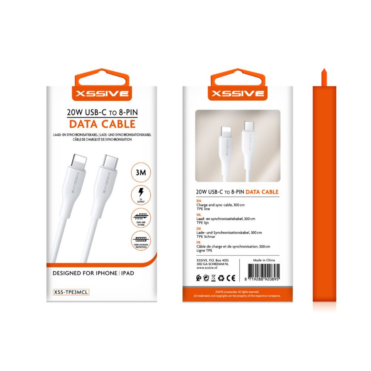 Weißes Datenkabel in Verpackung, für iPhone und iPad, mit dem Text 20W USB-C auf 8-Pin.