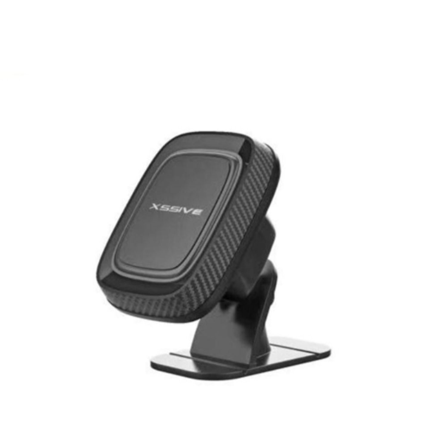 Schwarzer Autotelefonhalter mit Karbonfaser-Design auf weißem Hintergrund.