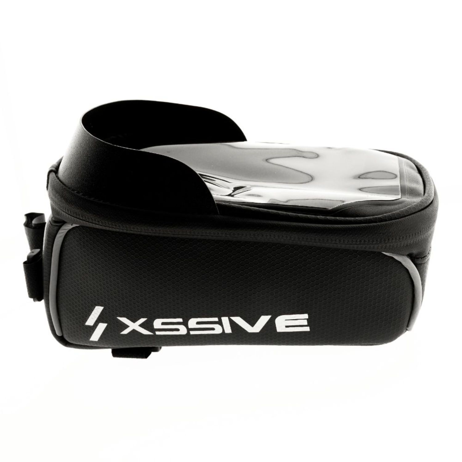 Schwarze Fahrradtasche mit durchsichtigem Deckel. Weißer Hintergrund. Die Tasche hat ein Logo.