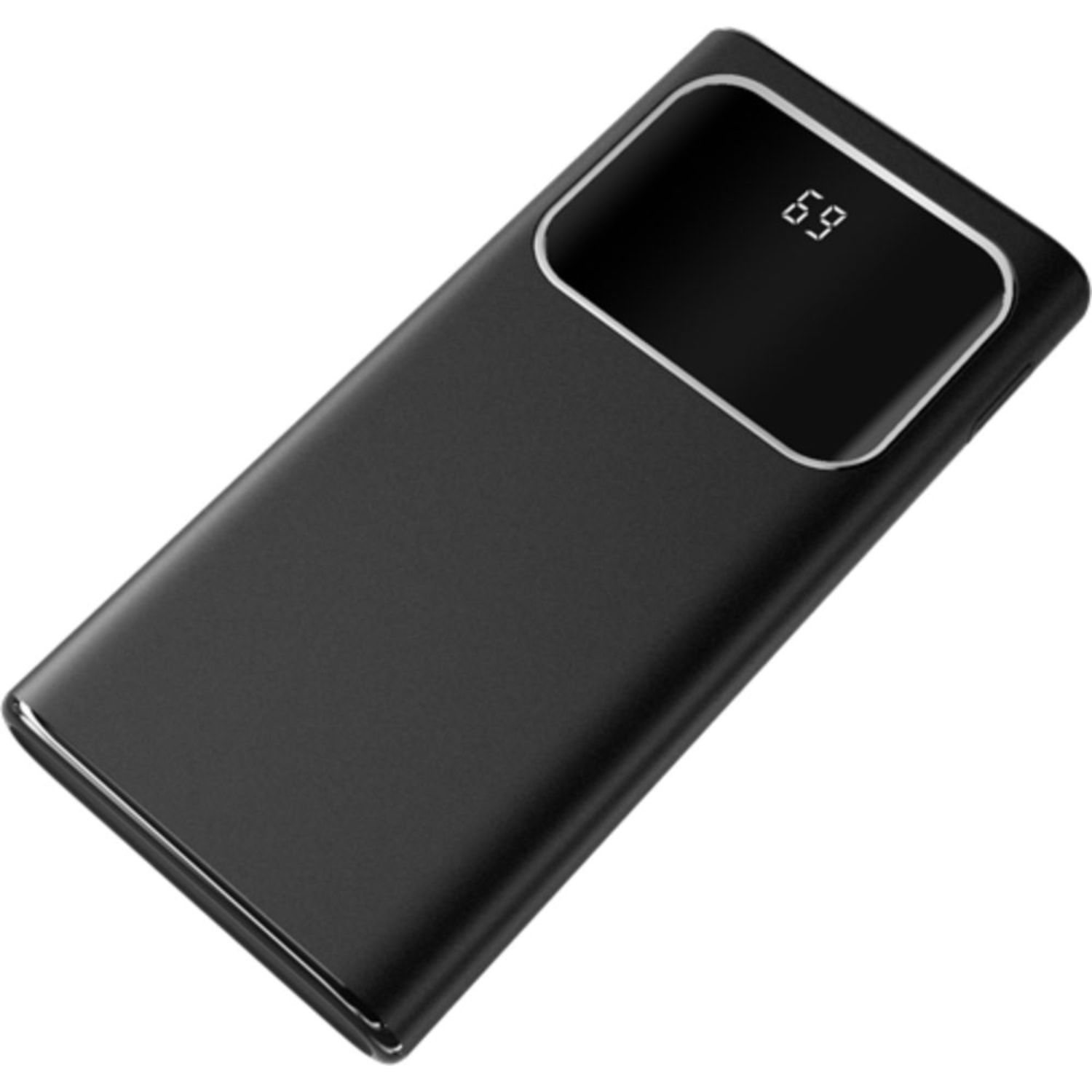 Schwarze Powerbank mit einem Bildschirm, auf dem '69' angezeigt wird. Silberne Umrandung um den Bildschirm.
