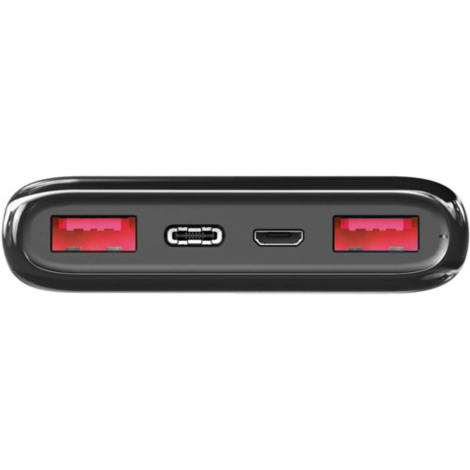 Schwarze Powerbank mit Anschlüssen. Zwei rote USB-Anschlüsse, ein C-Anschluss und ein Micro-USB-Anschluss.