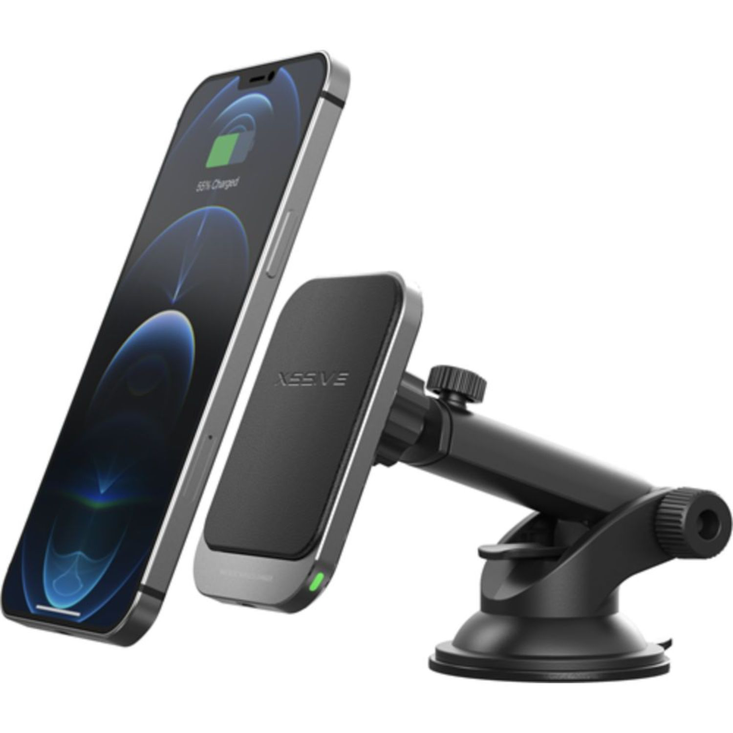 Ein schwarzes Telefon, das an einer magnetischen Autohalterung geladen wird. Ein Telefon ist neben der Halterung.
