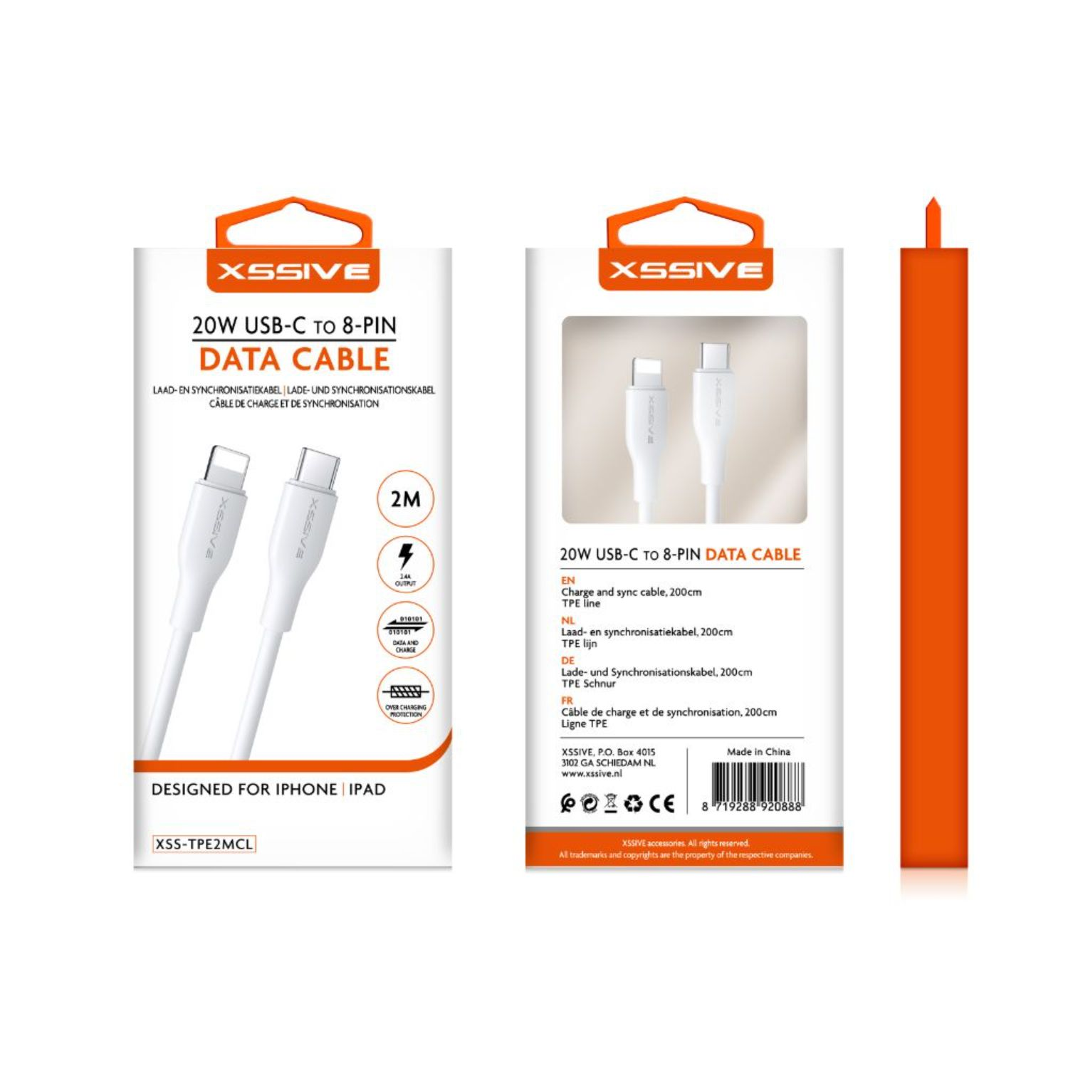 Weiße USB-C-auf-8-Pin-Datenkabelbox mit Text in mehreren Sprachen. Das Kabel ist weiß.