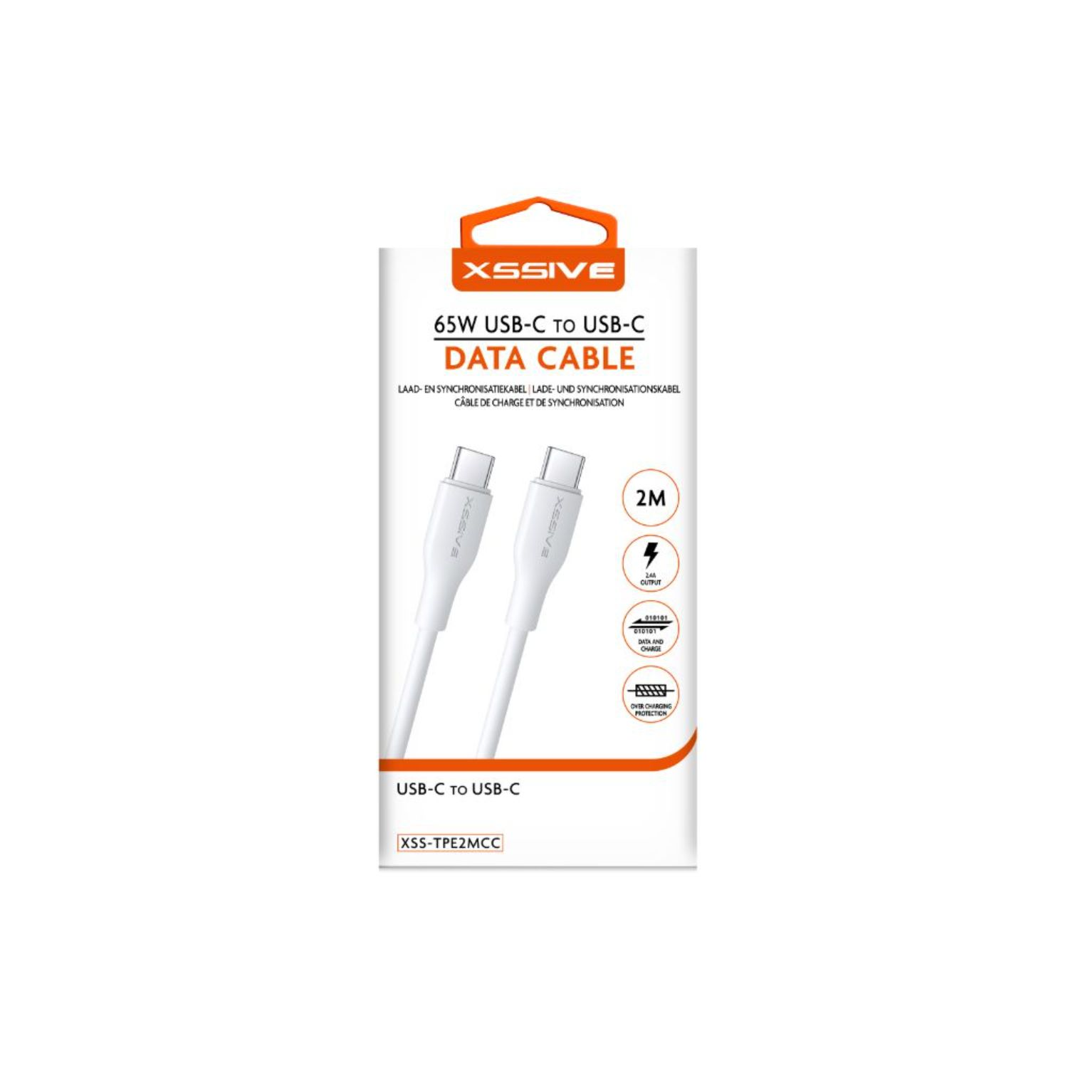 Weißes USB-C-zu-USB-C-Datenkabel in einer Box. Text: 65W USB-C-zu-USB-C-Datenkabel.