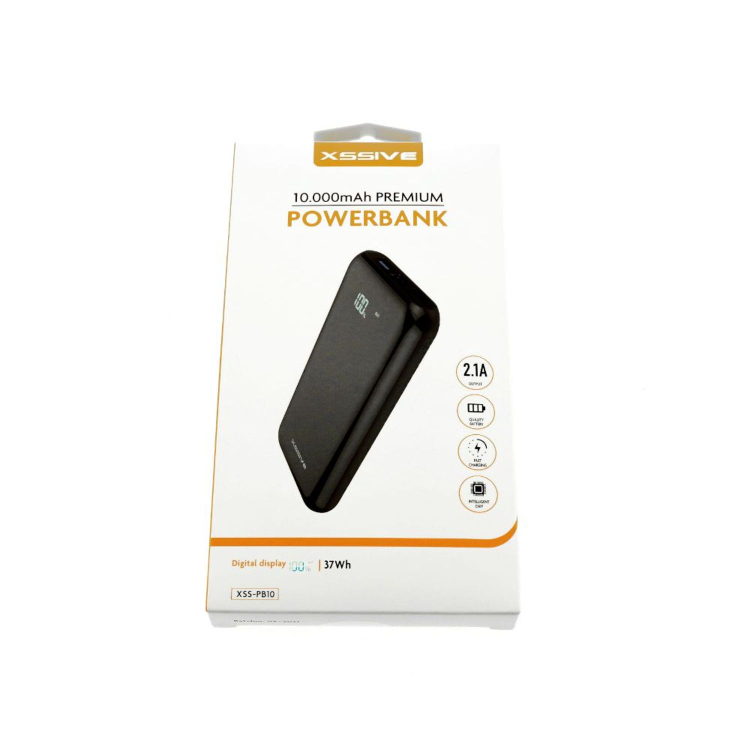 Powerbank-Box, schwarze Powerbank im Inneren, mit Text, der die Kapazität und einige Funktionen angibt.