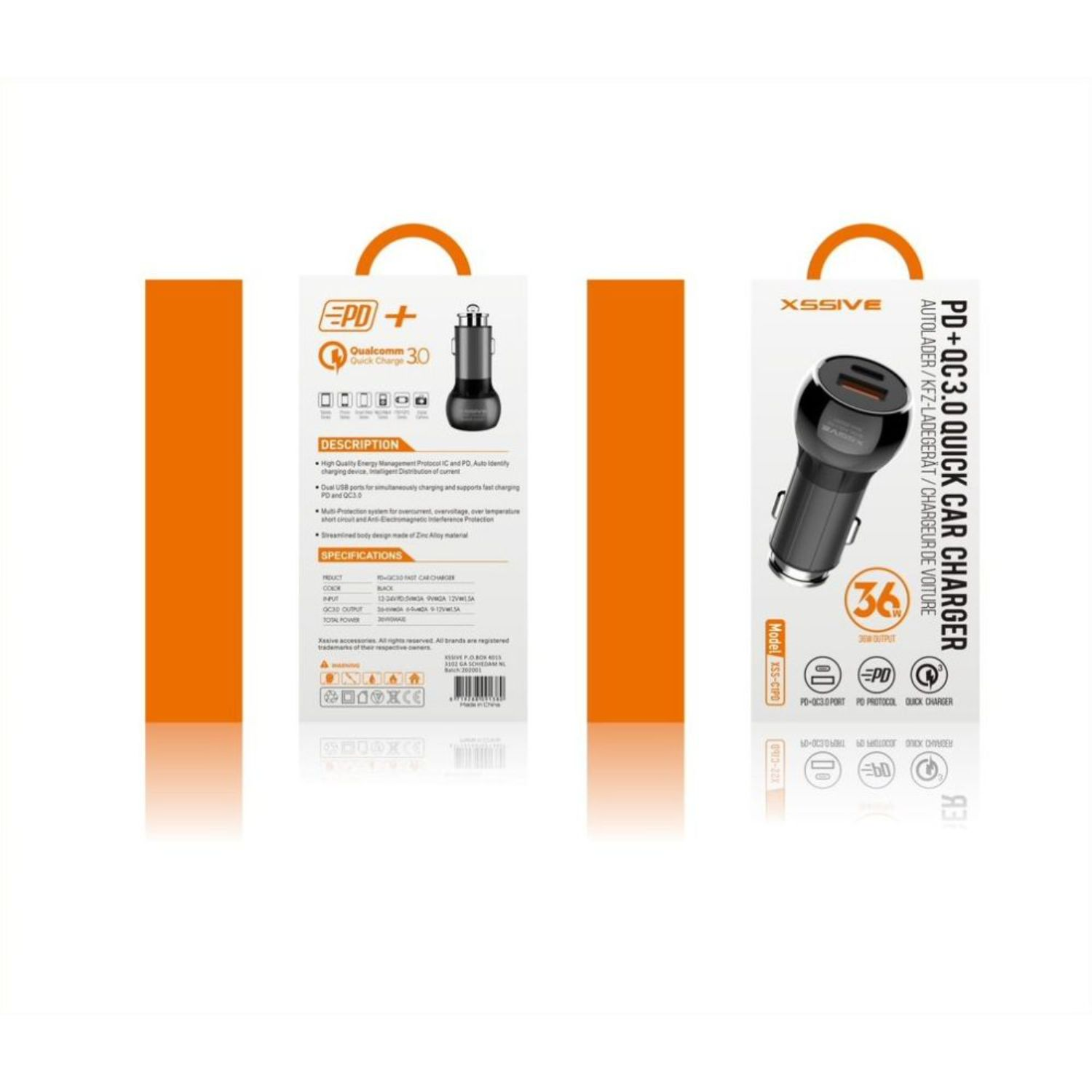 Autoladegerät in Verpackung. Duale USB-Anschlüsse, schwarz mit orangen Akzenten. Weißer Hintergrund.