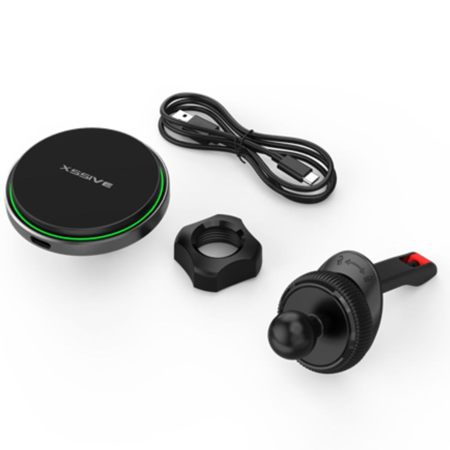 Schwarzes kabelloses Ladegerät und Zubehör. Enthält ein USB-Kabel, eine Mutter und einen Halter.