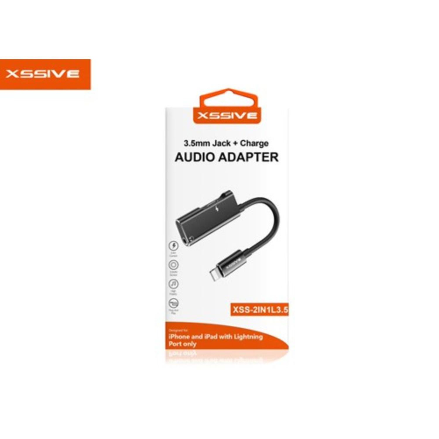 Box mit einem '3,5-mm-Klinke + Lade-AUDIO-ADAPTER' und einem schwarzen Adapter mit USB-C-Anschluss.