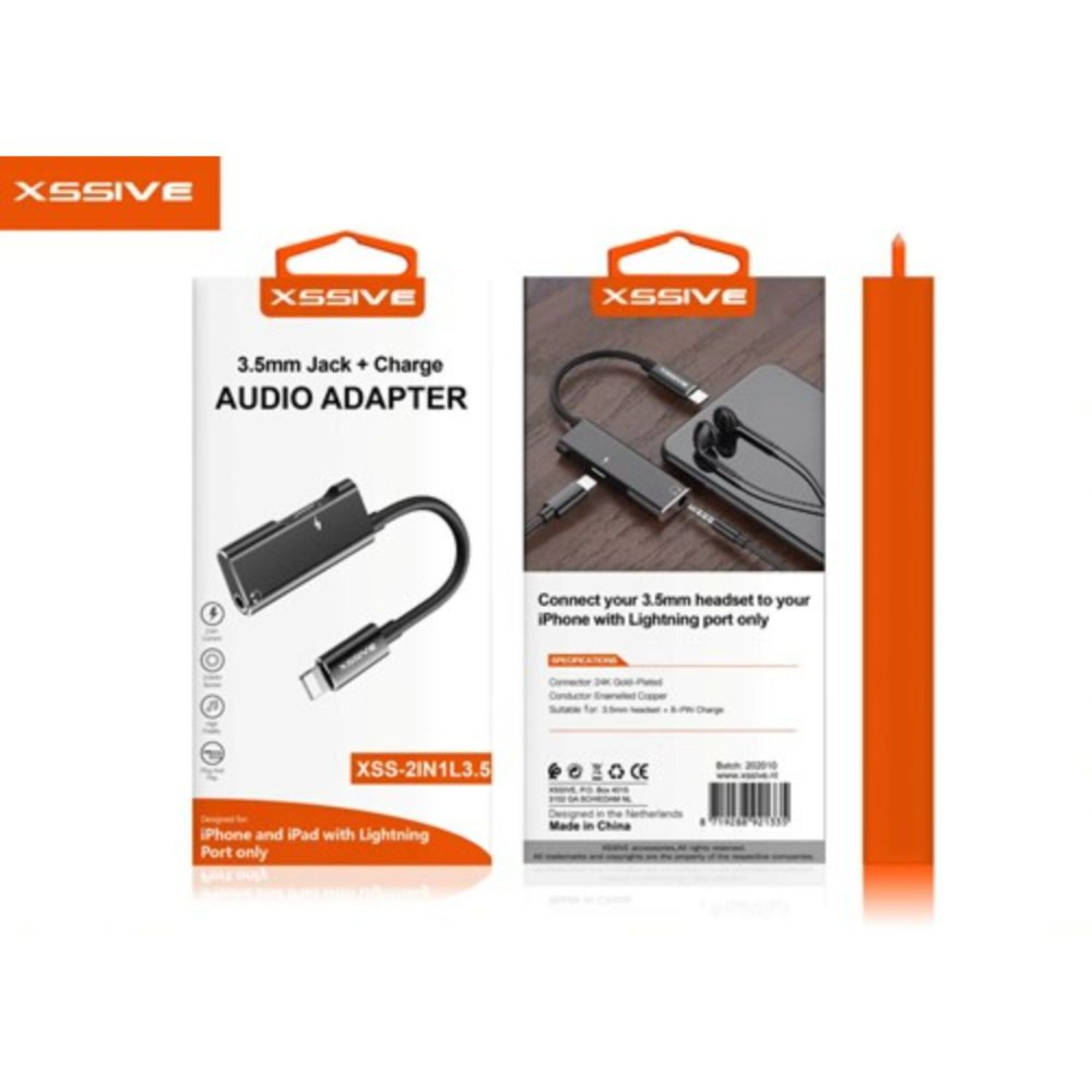 Box mit Adapter für iPhone und iPad. Die Box zeigt einen schwarzen Adapter.
