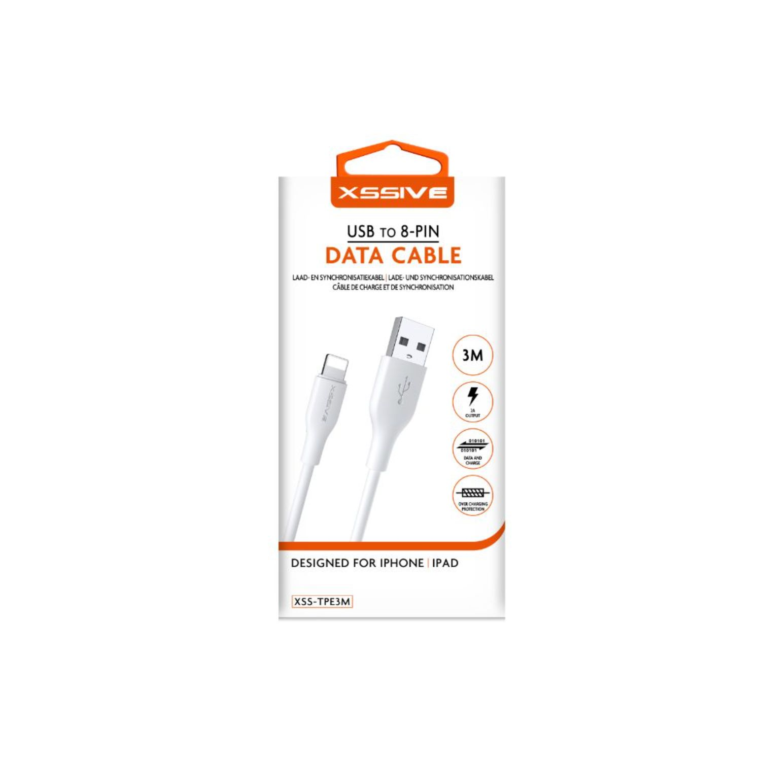 Weiße USB-zu-8-Pin-Datenkabelverpackung mit sichtbarem Kabel.