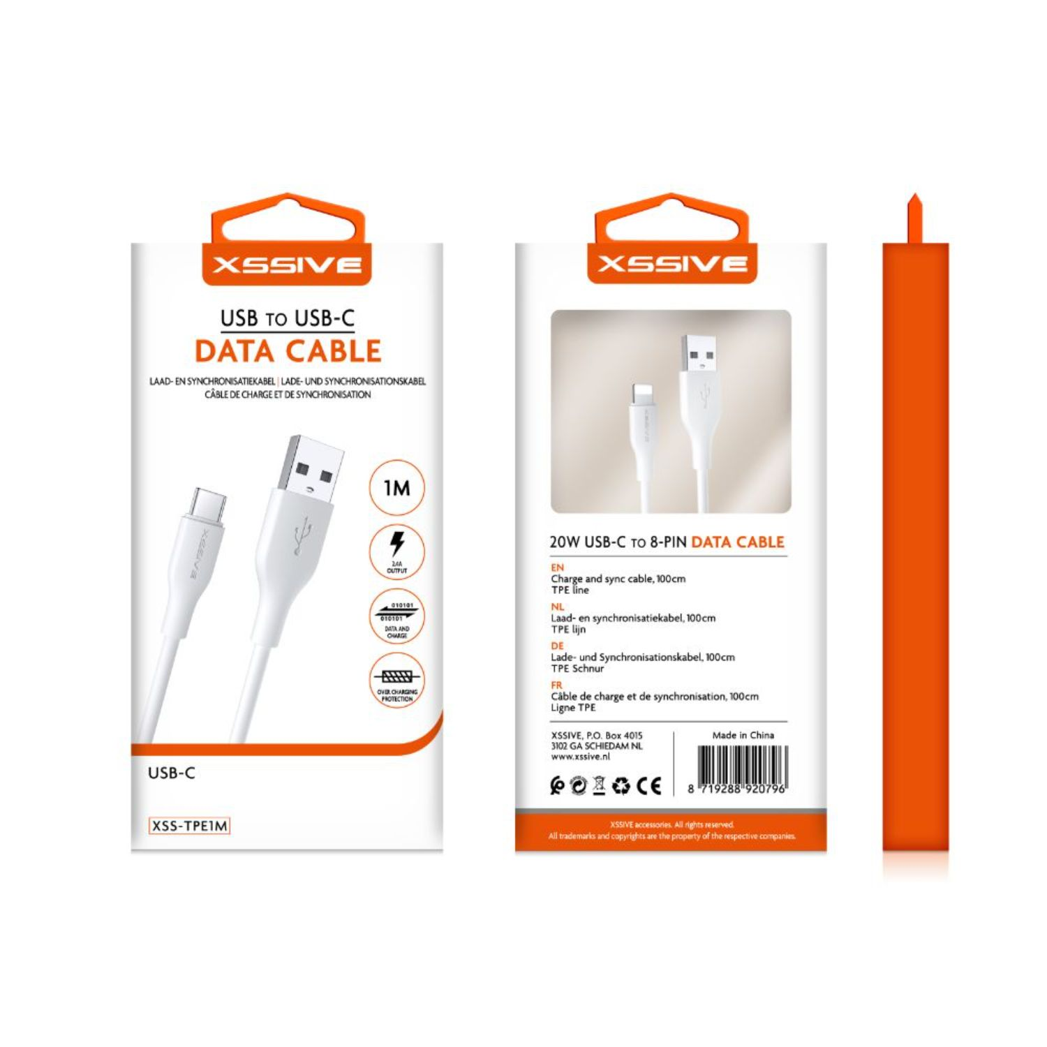 Weißes USB-zu-USB-C-Datenkabel mit Verpackung. Die Verpackung ist weiß und orange.