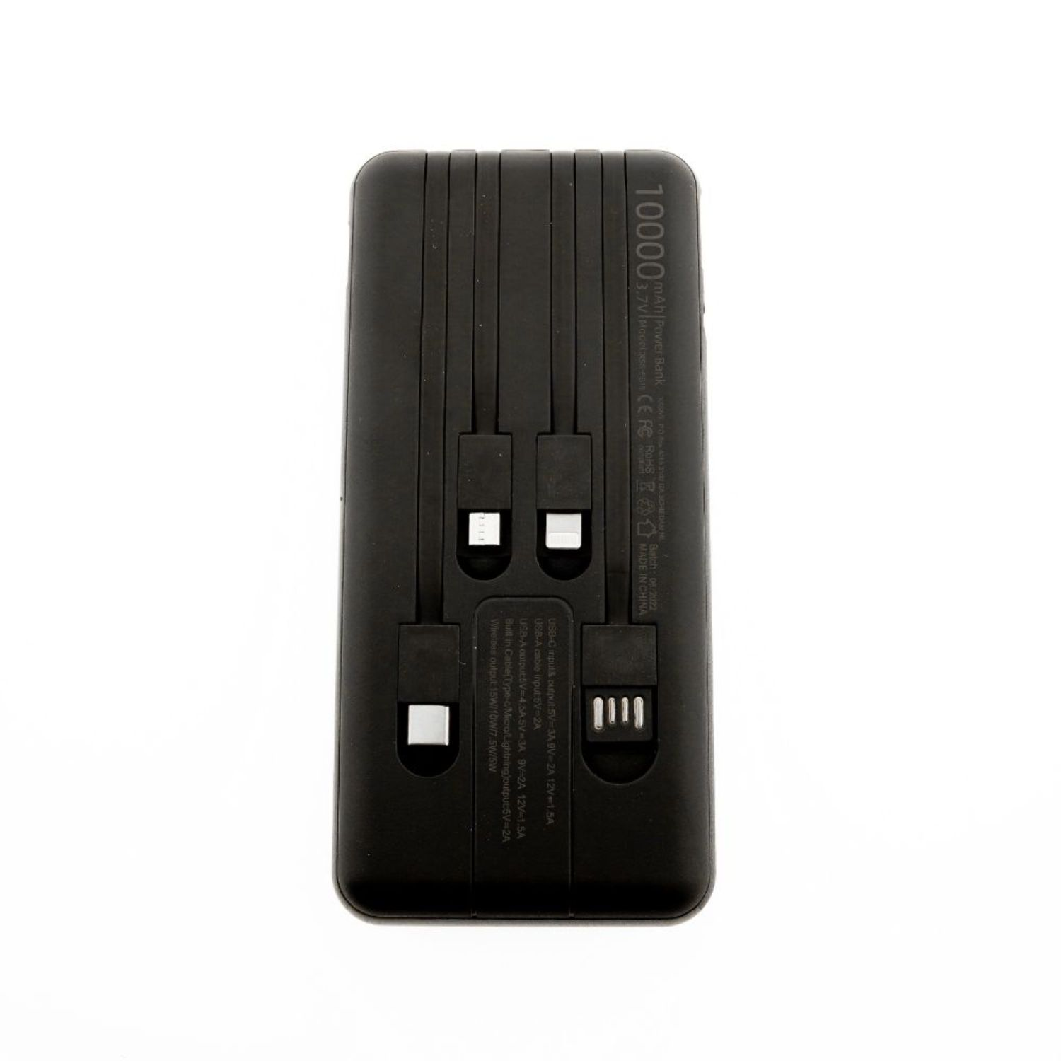 Schwarze Powerbank mit mehreren Ladekabeln und Anschlüssen. Sie hat USB-, Micro-USB- und USB-C-Anschlüsse.