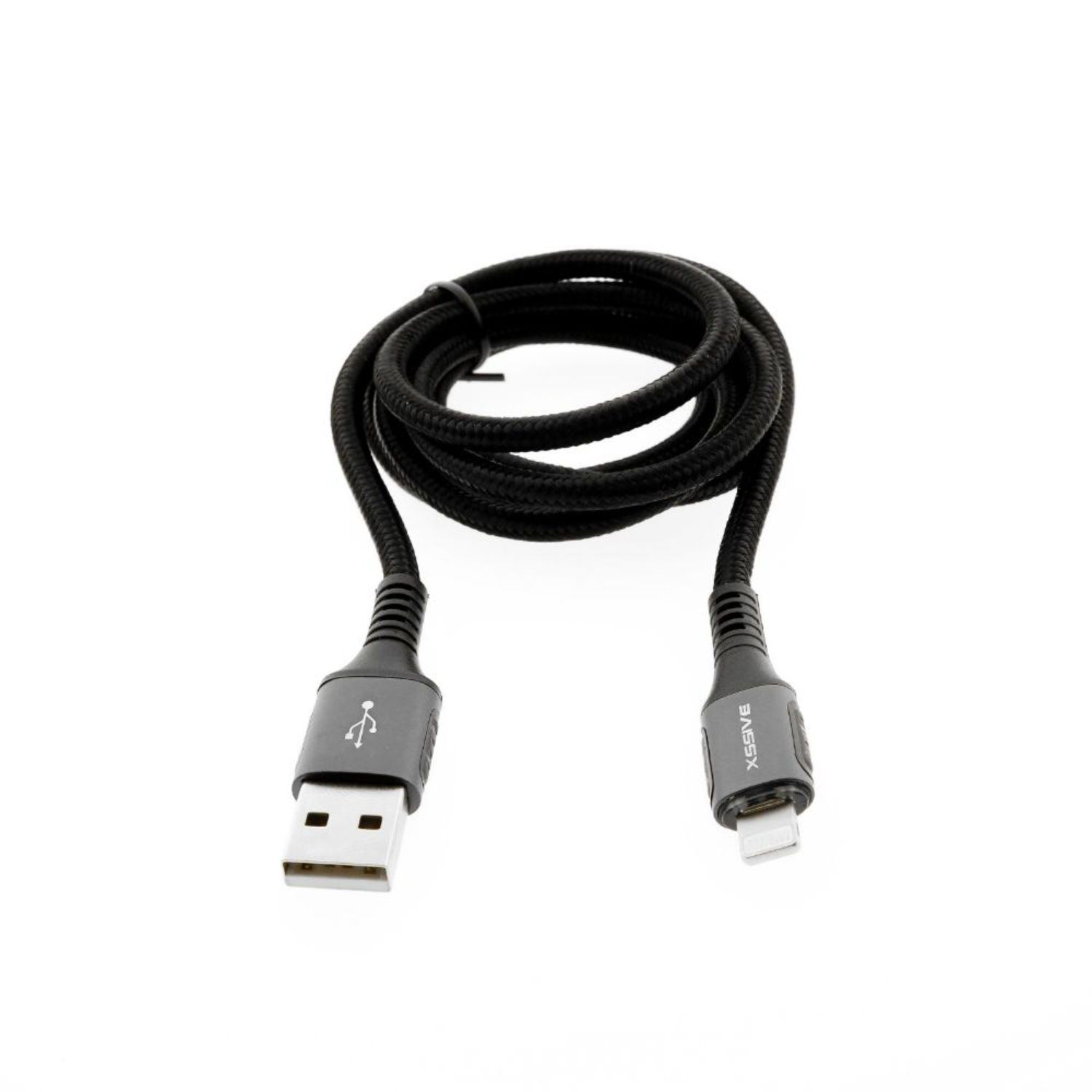 Schwarzes geflochtenes USB-Kabel mit USB-Anschluss an einem Ende und Lightning-Anschluss am anderen.