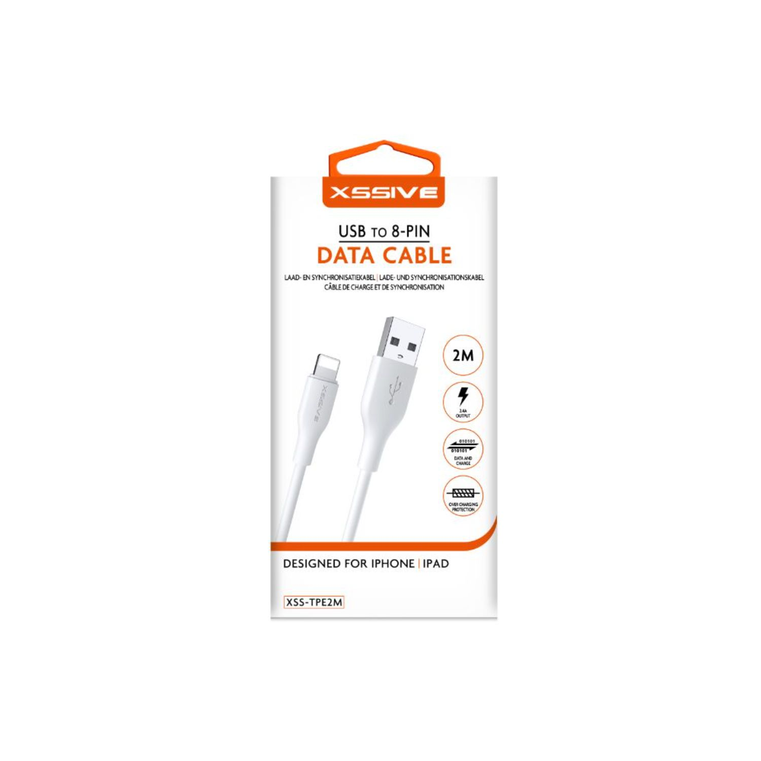 Weißes USB-zu-8-Pin-Datenkabel in Verpackung. Kabel ist weiß und hat USB- und 8-Pin-Anschlüsse.