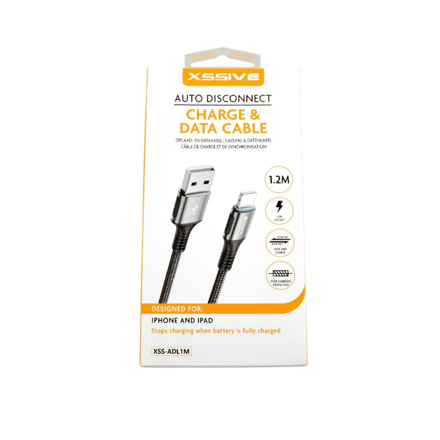 Ein weißes und schwarzes Ladekabel mit einer Box, die seine Funktion und sein Design angibt.