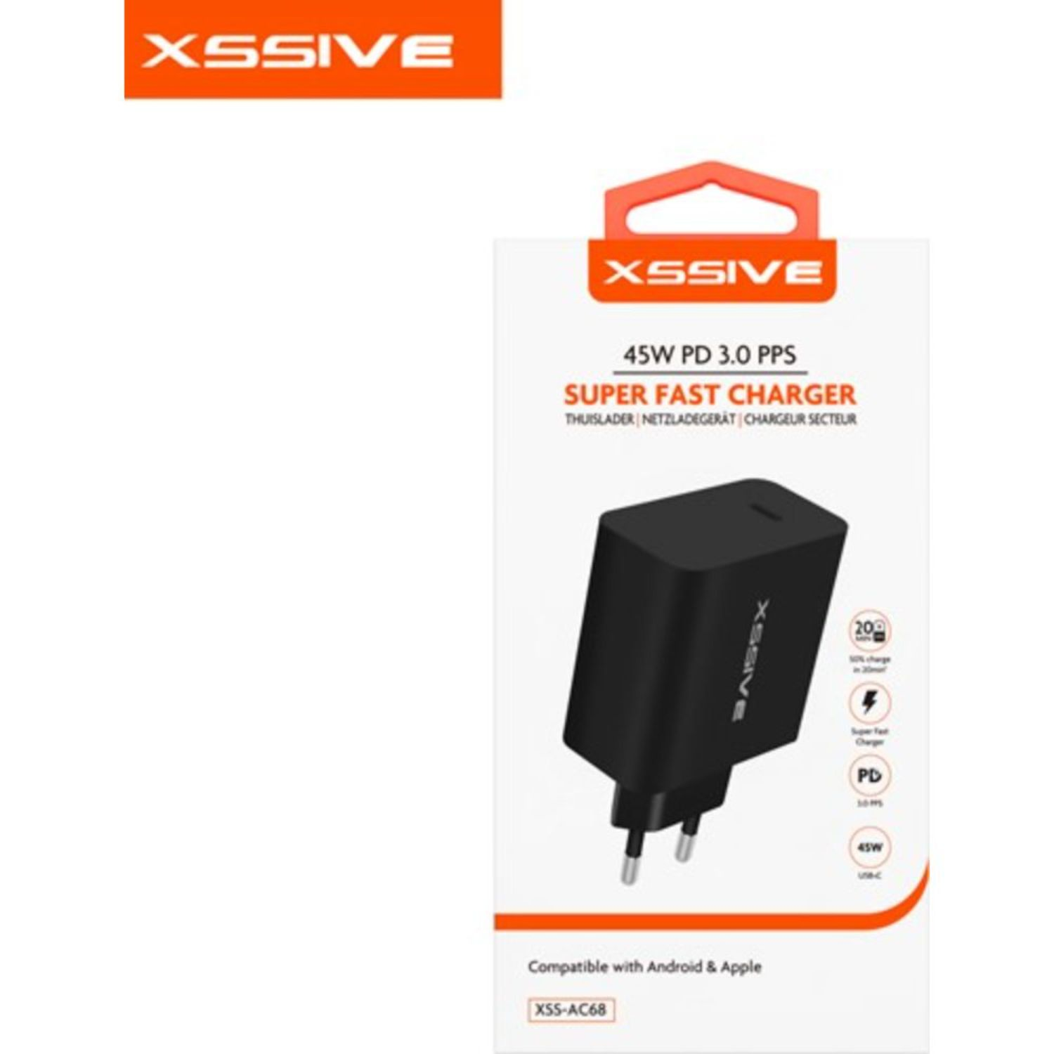 Schwarzes Ladegerät mit Verpackung. Text: Super Fast Charger und Markenlogo.